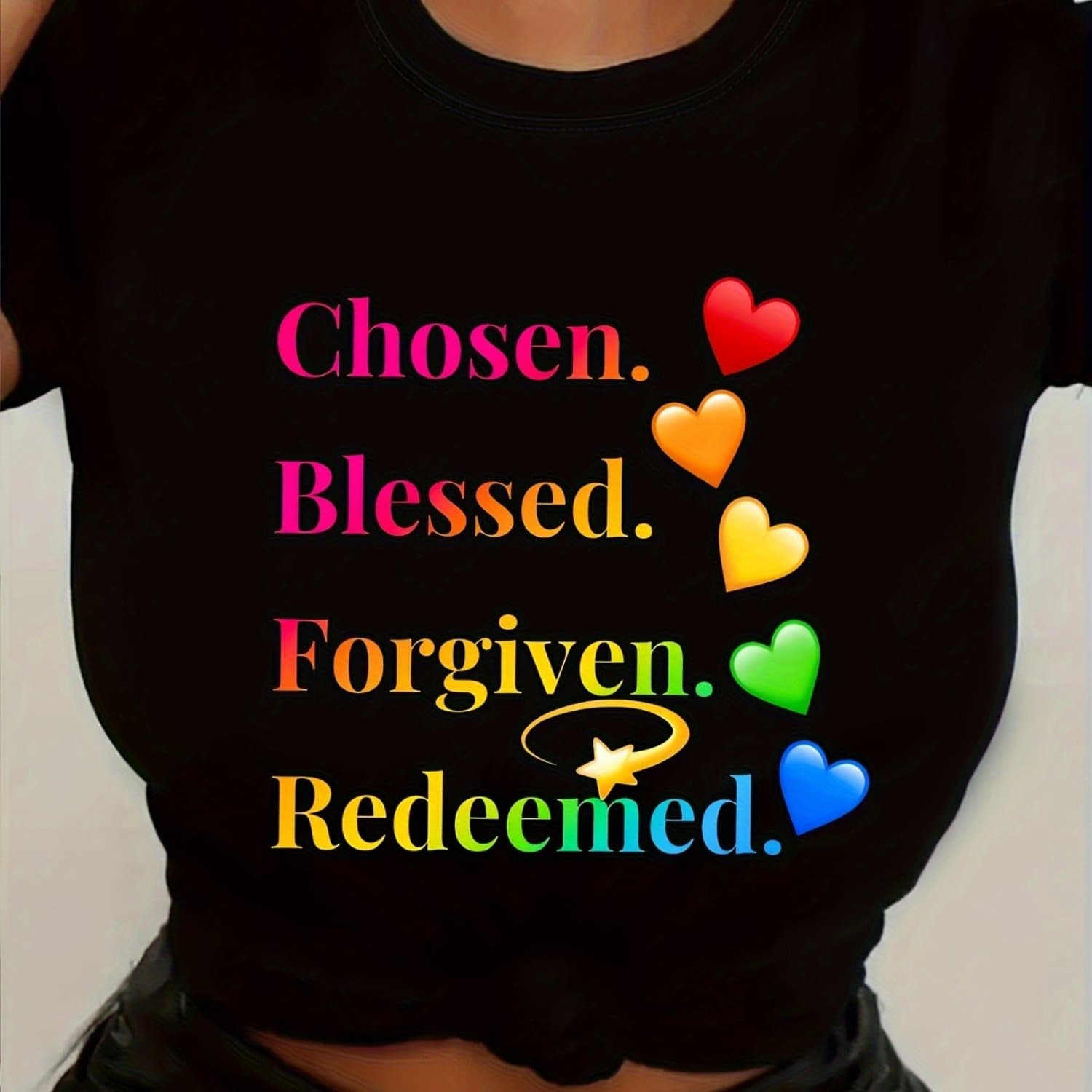 TEMU Graphic T-shirt For Women Featuring The Phrases ', Blessed, & ' - A Casual Crew Neck Short Sleeve Top Breathable And Machine Washable