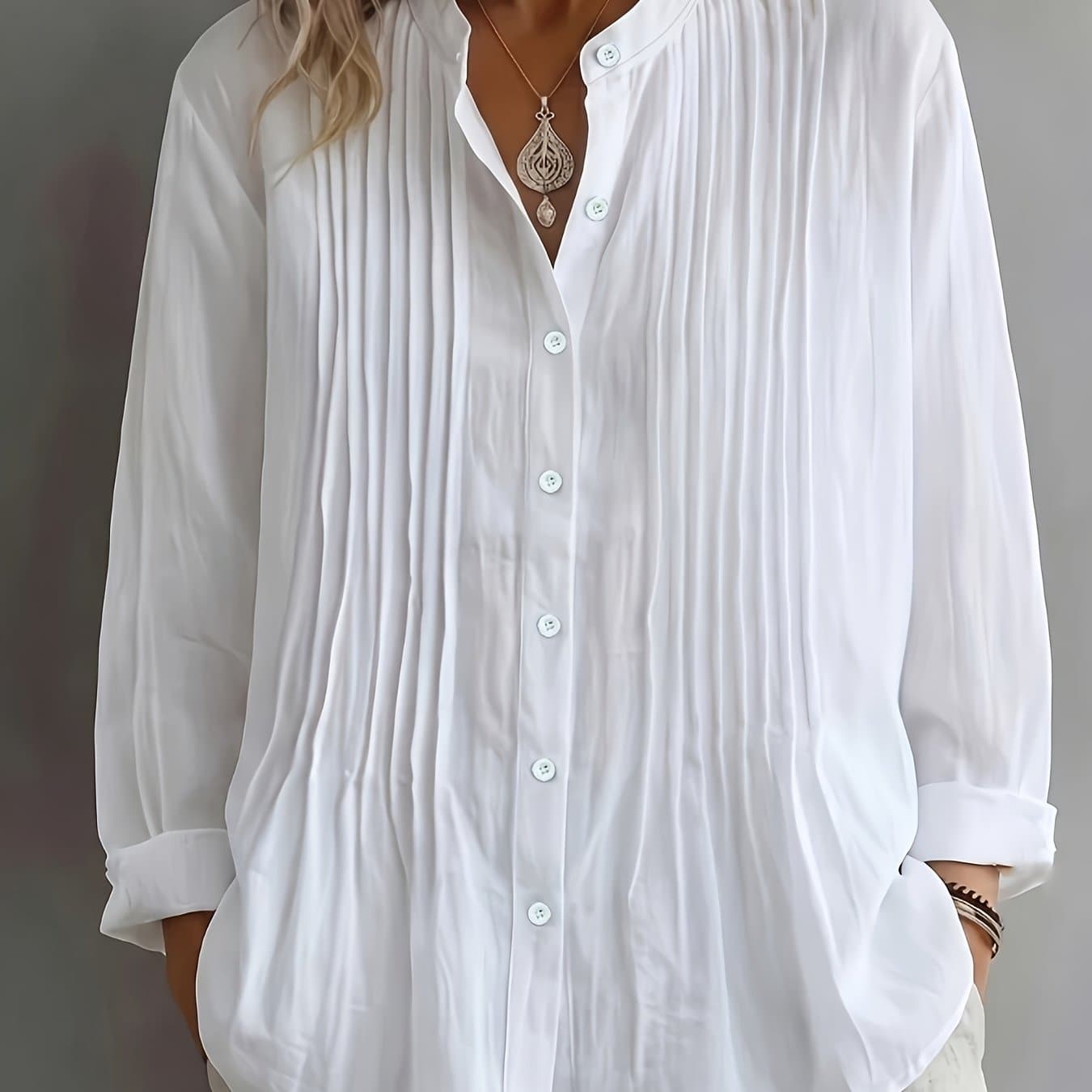 TEMU Women's Vintage-style -linen Shirt With A Stand Collar And Pleated Design, Featuring Loose Long Sleeves And A Versatile Solid Color For Casual Wear