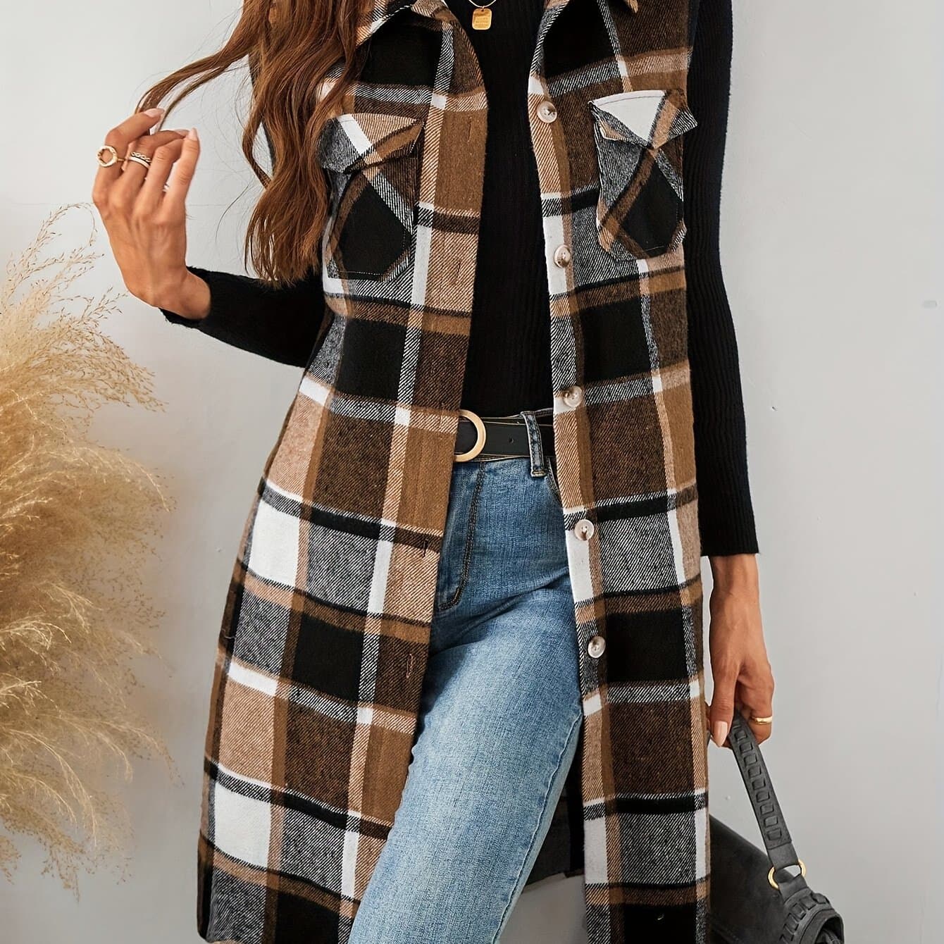TEMU Women's Vintage Sleeveless Pocket Jacket - Casual Mid-length, Polyester, Single-breasted, Lapel Collar, Autumn/ Coat. Beautiful Women's Vest