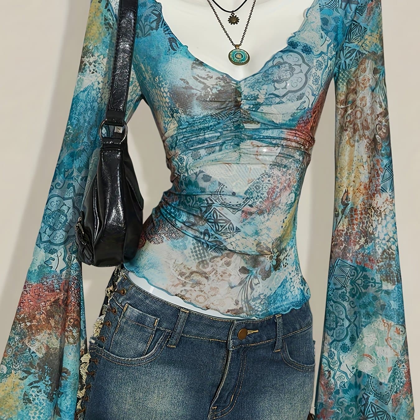 TEMU New Early Autumn | Periswen Print | Semi-sheer Style | | Casual | Semi-sheer Flared Sleeve Design | Suitable For Daily Wear, Dates, And Outfits | Women's Top