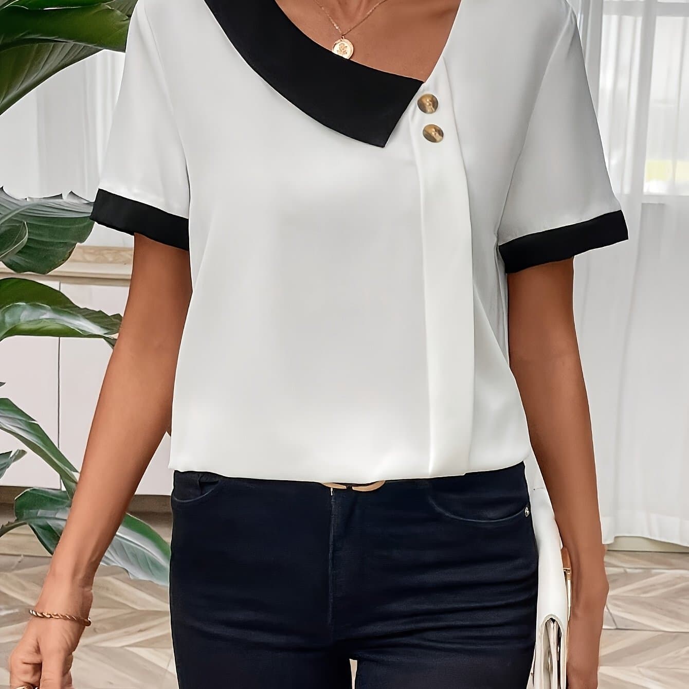 TEMU Plus Size - Plus Size - Women's Elegant Contrast Short Sleeve Shirt, With Asymmetrical Collar And Button Details