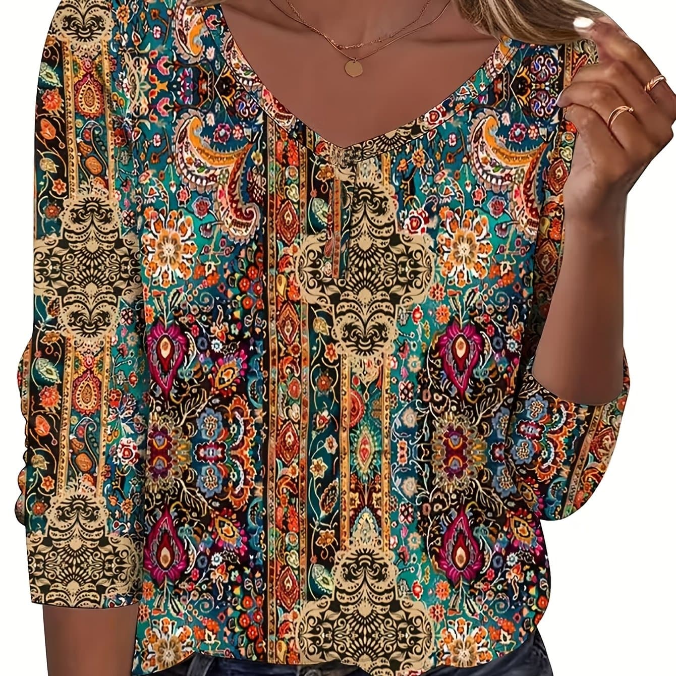 TEMU Women's Bohemian V-neck Button-front Blouse - Loose Fit Long Sleeve Shirt With Turquoise Blue, Orange, Red, Golden, Brown, Green, Purple & White Print, Elegant Casual & Dressy Button- Top