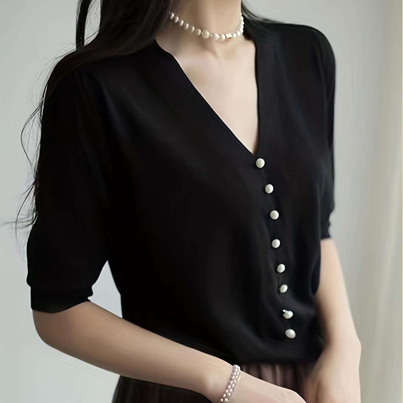 TEMU Elegant Pearl Button V-neck Base Layer Top, Women's New Summer Loose-fit Versatile Capri Sleeve T-shirt