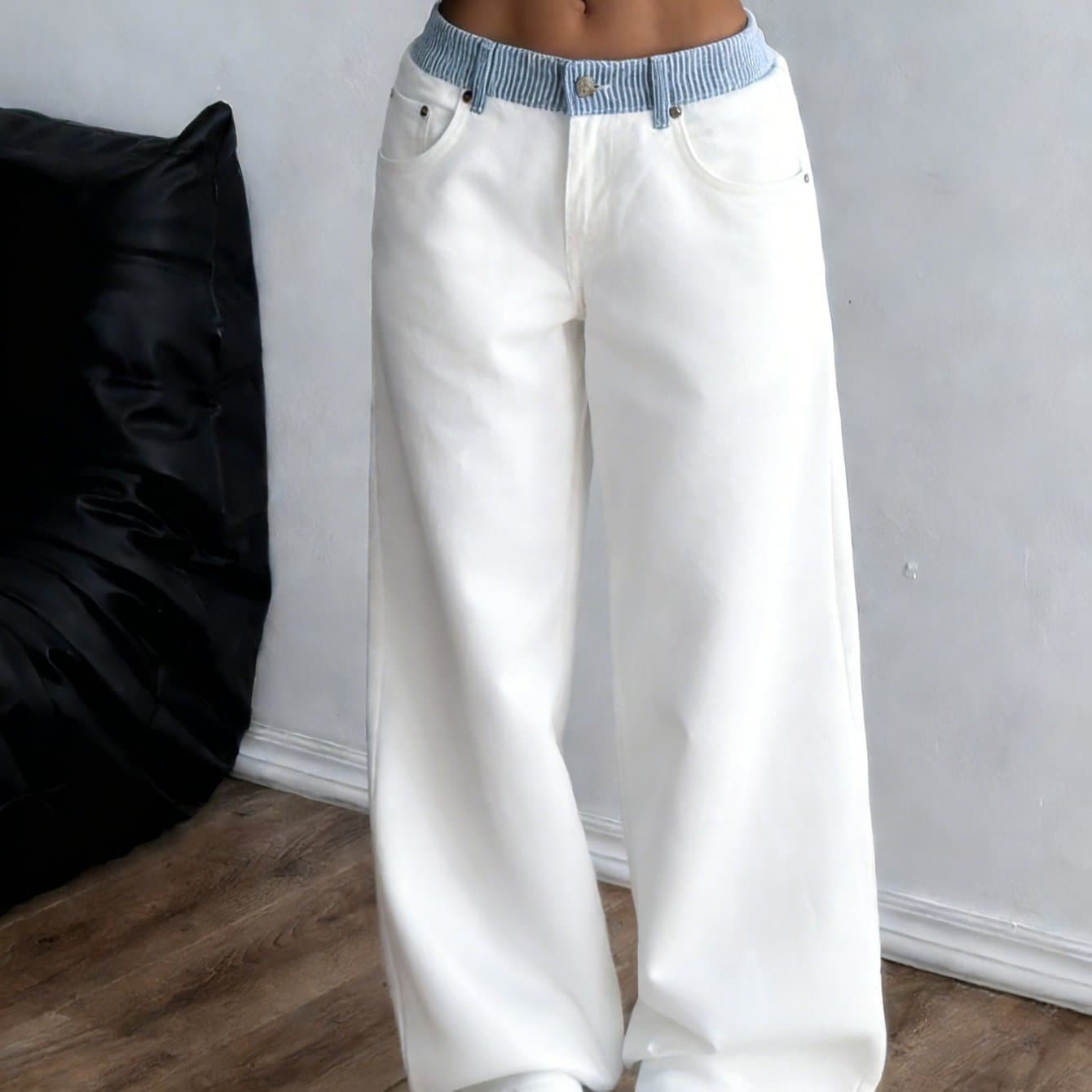 TEMU 2026 Spring And Summer Fragrance New Contrasting Color Letter Webbing Decoration Straight Splicing Casual Pants Temperament Straight Jeans Commuter Trousers High Waist Jeans