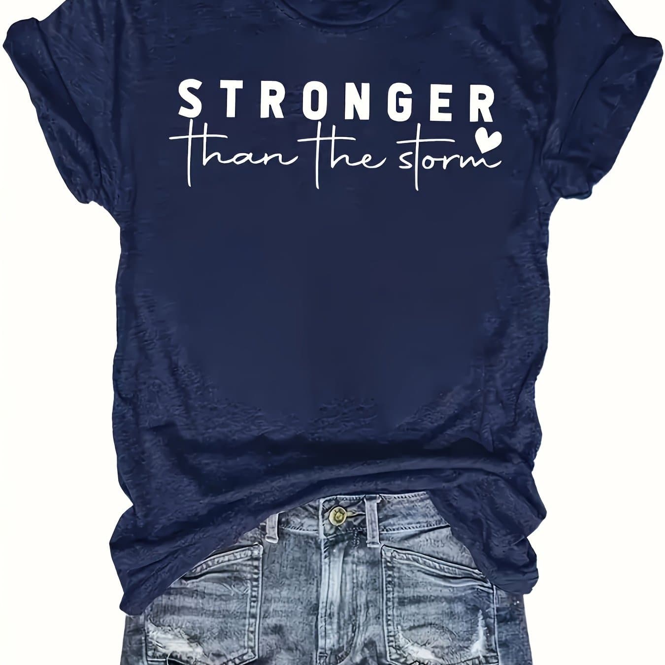 TEMU Stronger Than " Women's Inspirational Navy T-shirt - Soft Mixed Fabric, Comfortable Crewneck, Casual Casual