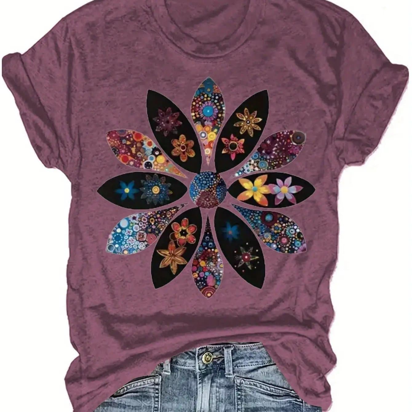TEMU Colorful Floral Mandala Print Short Sleeve T-shirt- Bohemian Style, Suitable For Festivals And Casual Wear, Fashionable And Comfortable Women's T-shirt- Colorful T-shirt