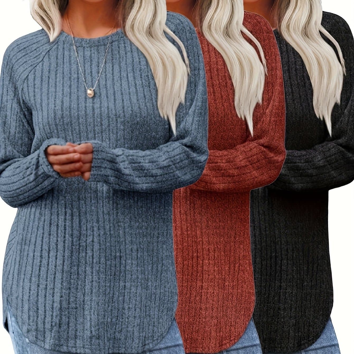 TEMU Three-piece Women's Fashionable Long-sleeved Basic Sweater, Casual Loose Top, Elegant Round-neck T-shirt