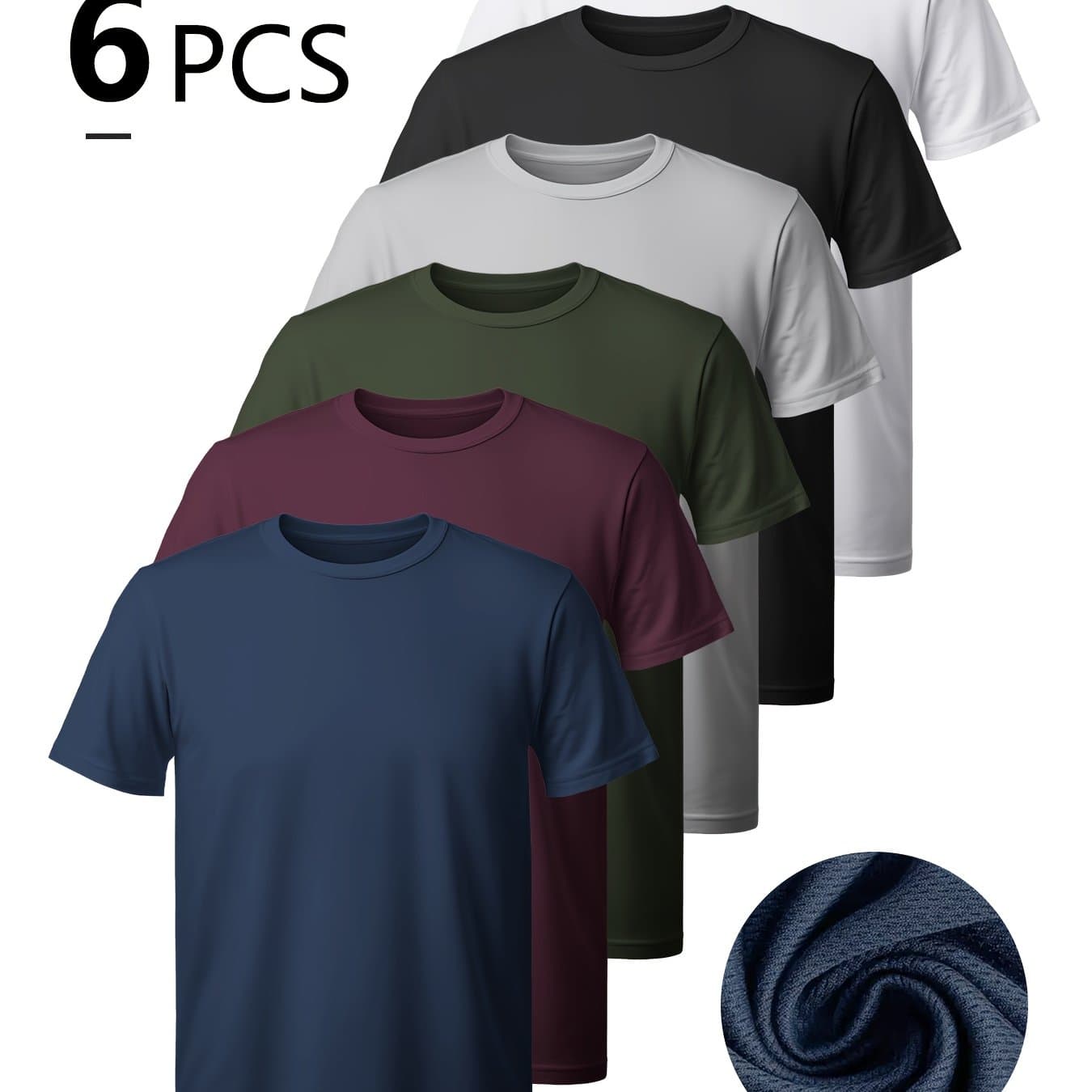 TEMU 6-pc Men's Athletic T-shirts - 100% Polyester, Quick-dry, Moisture-wicking, Crew Neck, Short Sleeve, Summer Knit Fabric, Regular Fit, Solid Color, For Gym, Running, Outdoor Activities