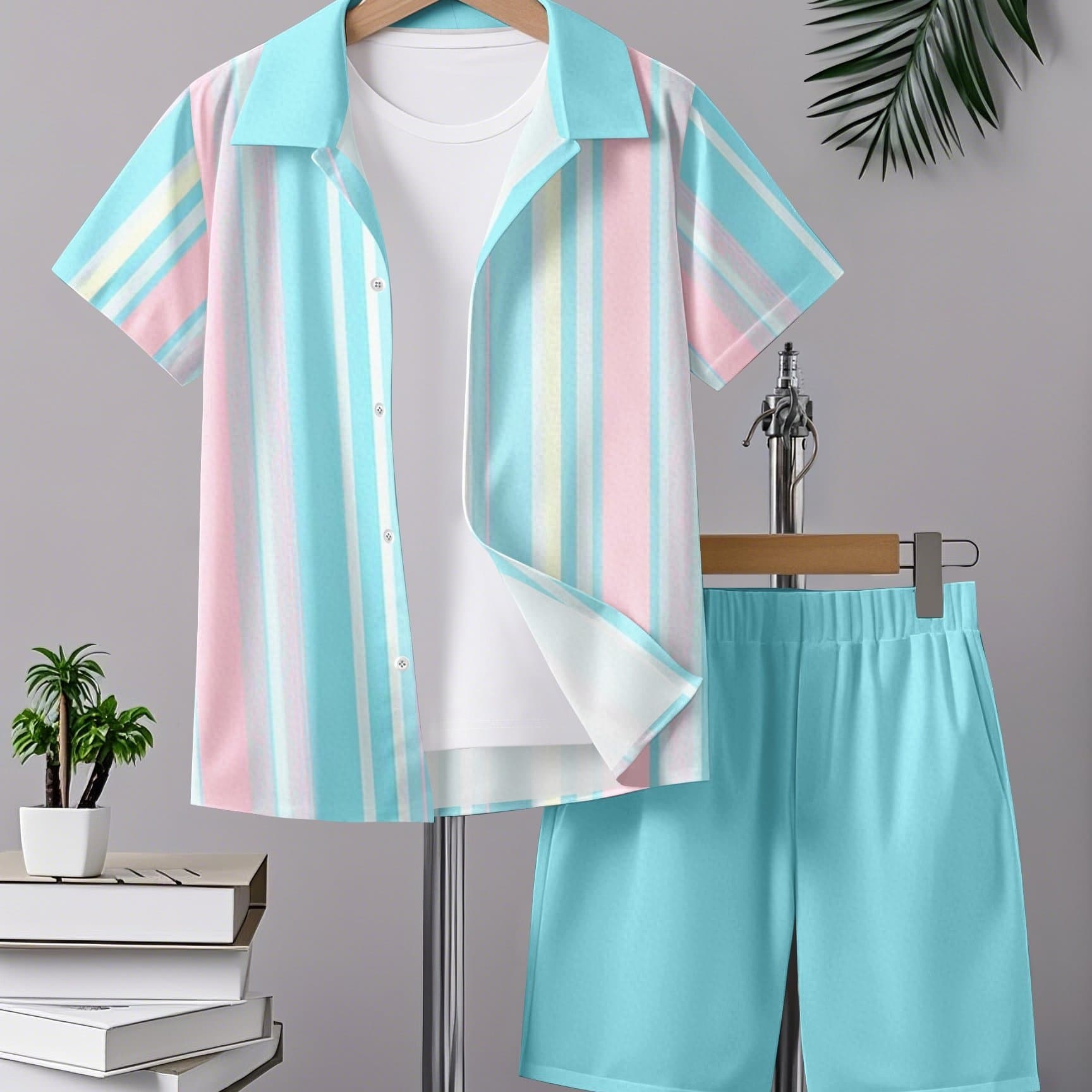 TEMU Colorful Striped Boys' Outfit | Short-sleeved Shirt With Comfortable Lapel Style, Casual Fit, Perfect For Spring/summer, Yet Not Ostentatious, Ideal Birthday Gift, For Outdoor