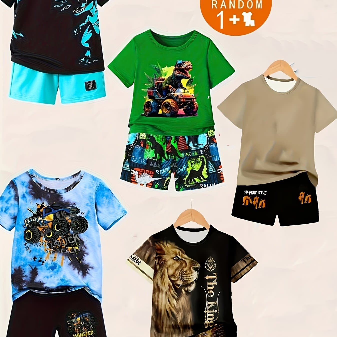 TEMU 5 Sets Of Random Delivery (1 Set). Shorts T-shirt Shorts Suit Summer Dinosaur Off-road Vehicle Series Printed Children's Cute Leisure Suit., Perfect For Outdoor