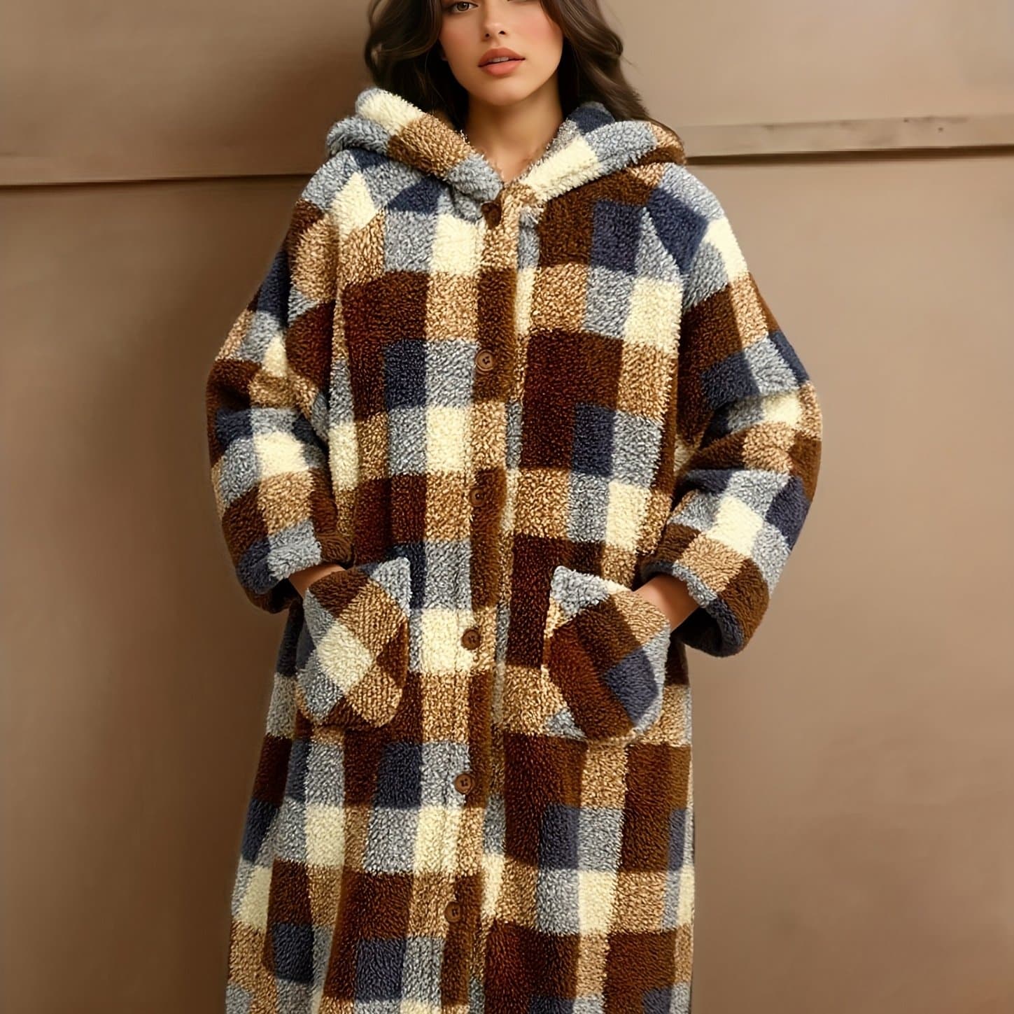TEMU Black Friday : Dual-color Winter Hooded Warm Jacket, Women's Long And Thick Sweater, Outerwear Multi-colored Plaid For Winter Or Home Use As A Robe