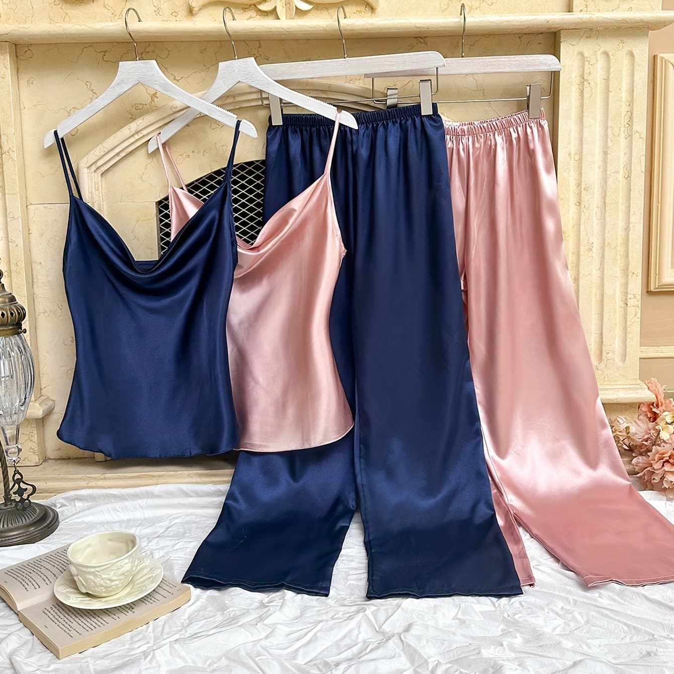 TEMU Women's Turtleneck Casual Comfortable Suspender Long Nightgown Four-piece Set