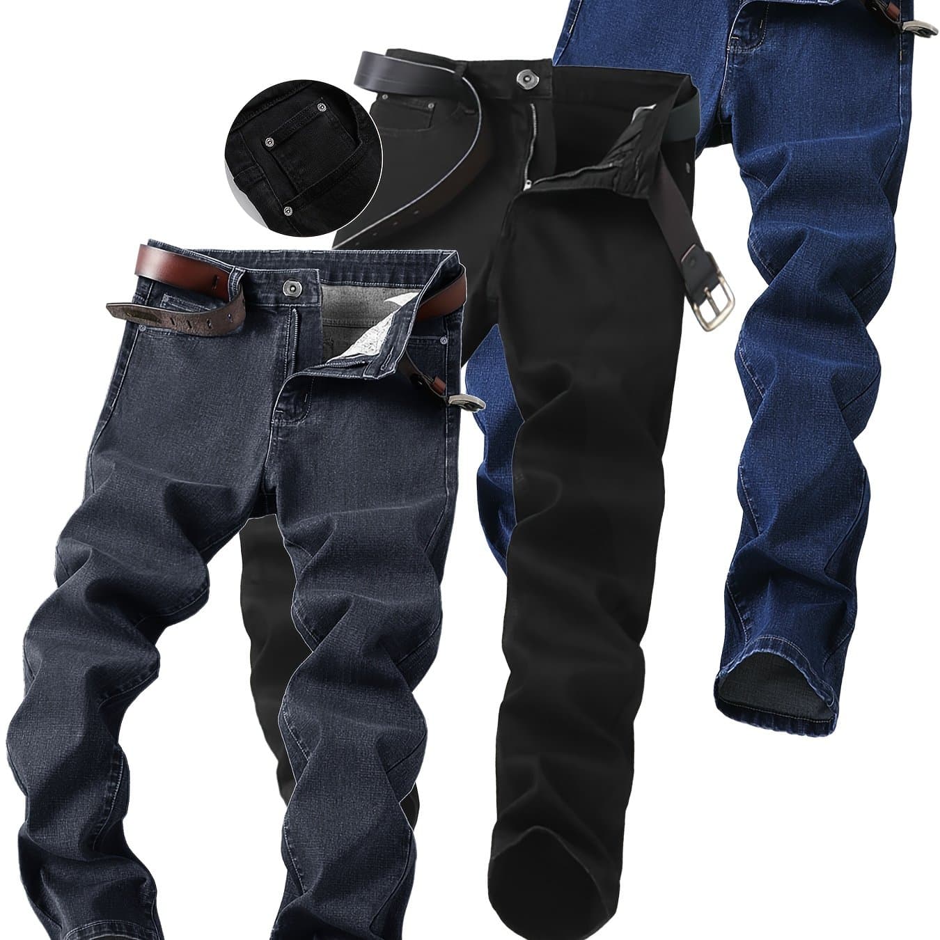 TEMU 3-pc Trendy Men's Retro Solid , Slim Fit Stretch Jeans, , Suitable For All