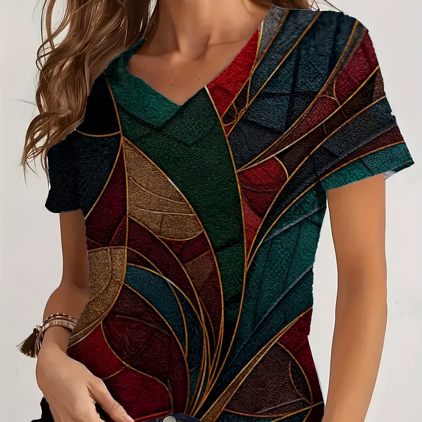 TEMU 2026 Spring/summer New Women's V-neck T-shirt! Spring Geometric Print Color V-neck Short Sleeved T-shirt, Loose And Comfortable Top, Daily Dating, Sports, Leisure Commuting Versatile Base T-shirt