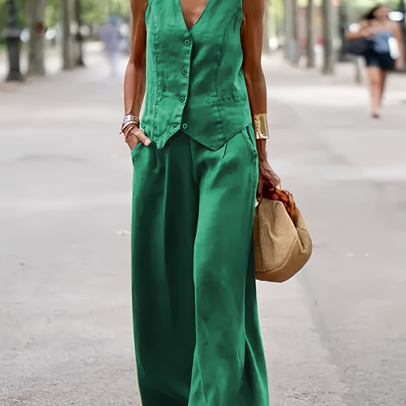 TEMU Summer New Casual Comfortable Versatile Sleeveless V-neck Vest And Long Pants 2pcs Set For Women thumbnail 3