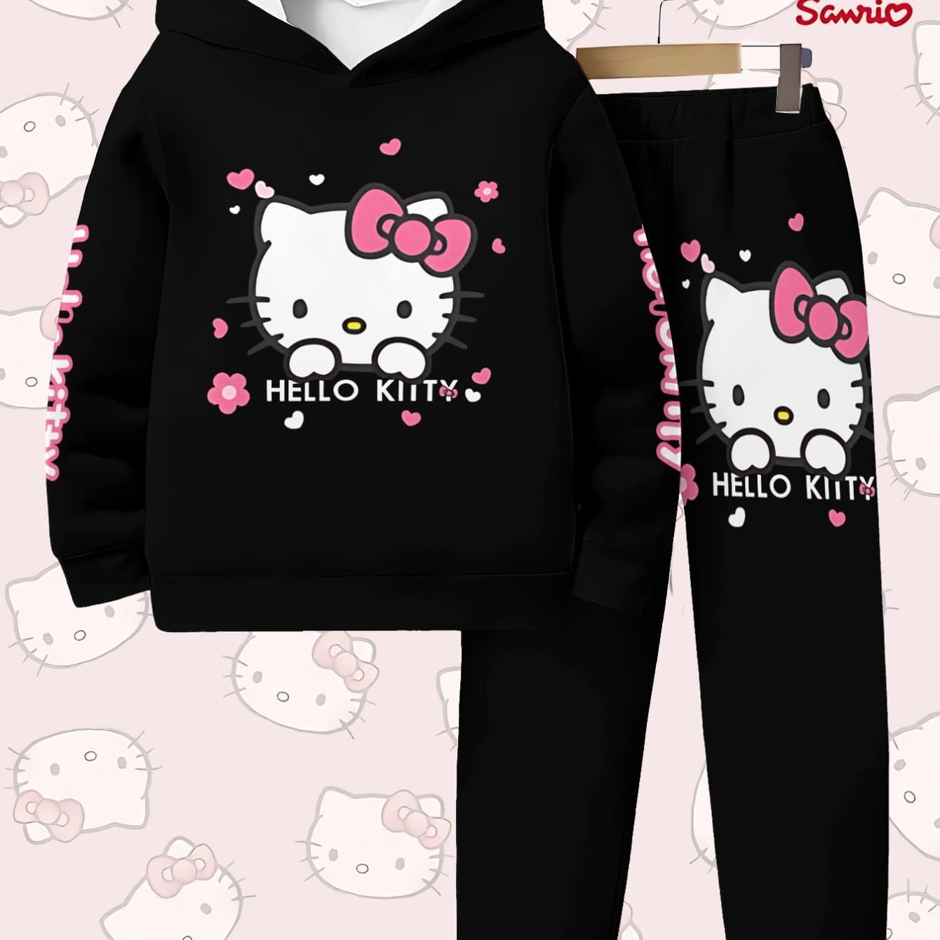 TEMU Girls' Crew Neck Sweatshirt And Trousers Set | 3-14 Years Old, Fashionable Print Cartoon, Long-sleeve Pullover, Soft And Loose, Hooded, New Autumn And Winter Sportswear, Casual Fit, For Outdoor