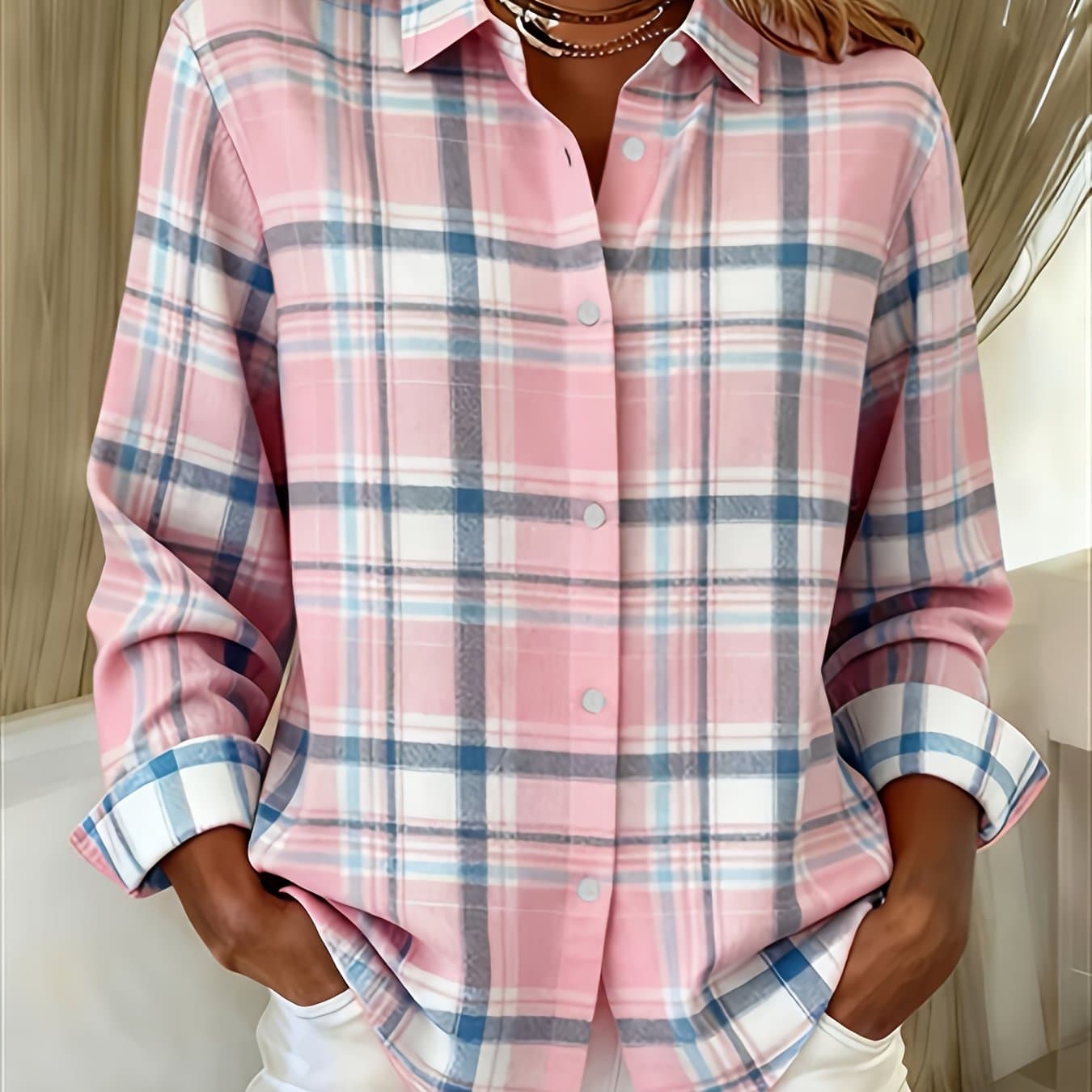 TEMU Plus Size, Size Long Sleeve Collared Casual Print Shirt thumbnail 2