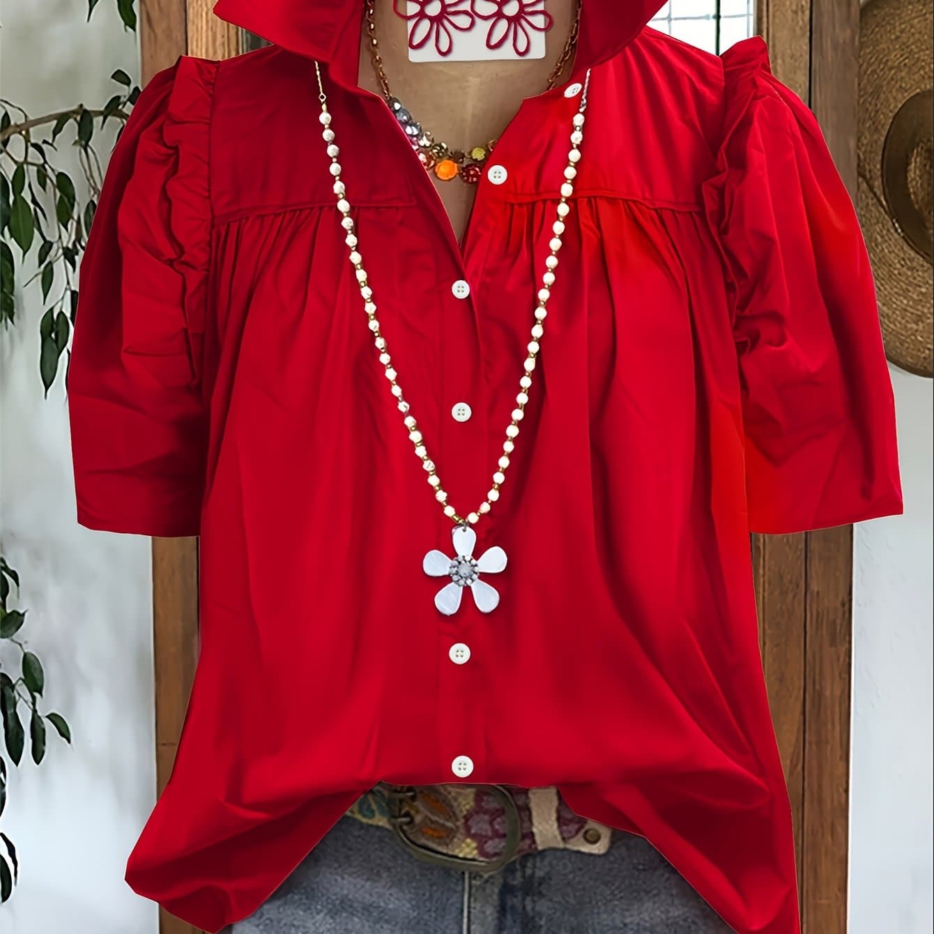 TEMU Elegant Directional Casual V-neck Blouse, With Lace Sleeves - Solid Red Short Sleeve Shirt Top, Lightweight, Machine Washable, Spring Summer Fall