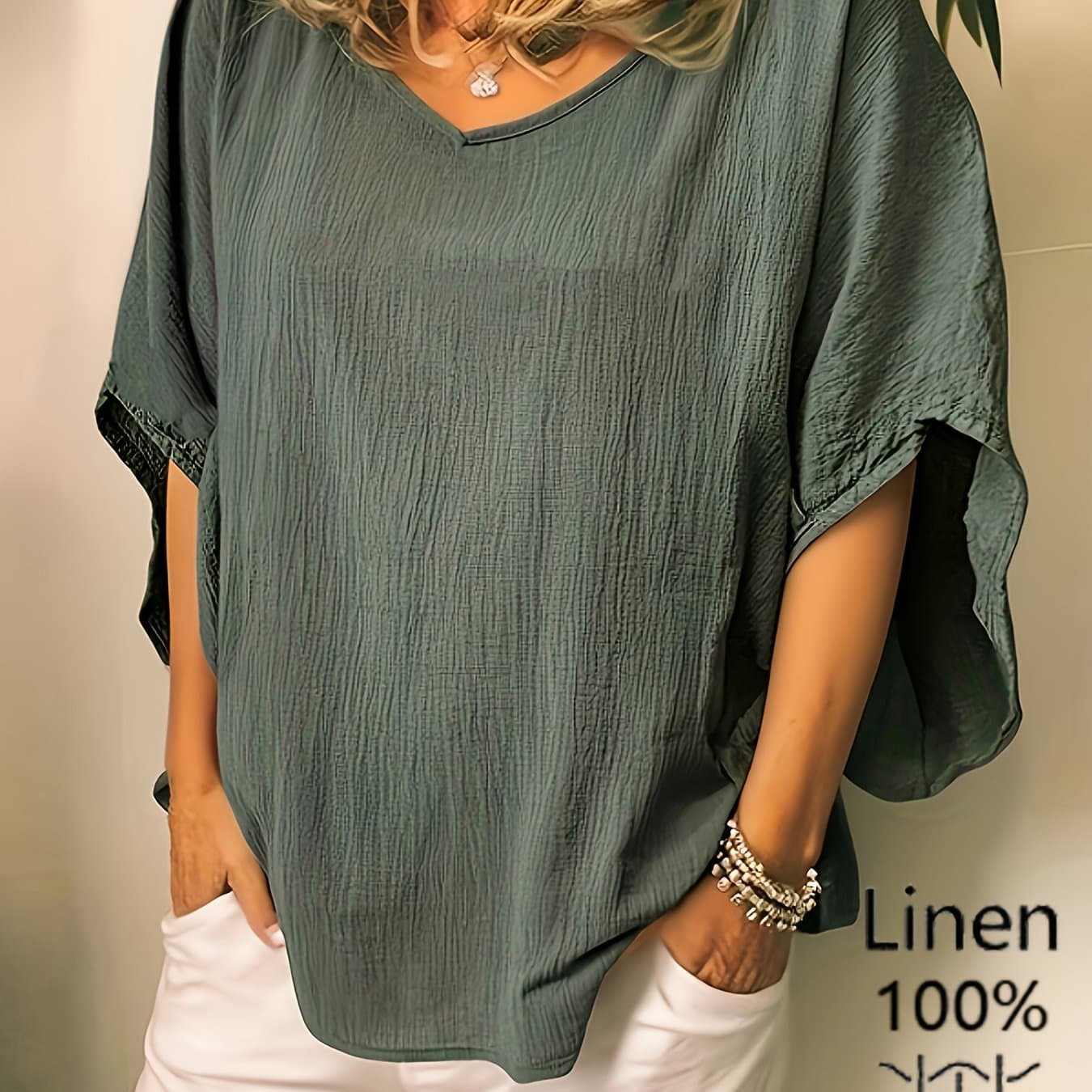 TEMU Versatile Solid Color Linen Batwing Shirt For Women, Loose V-neck Top, & Figure-flattering Relaxed Style Casual T-shirt Ytd