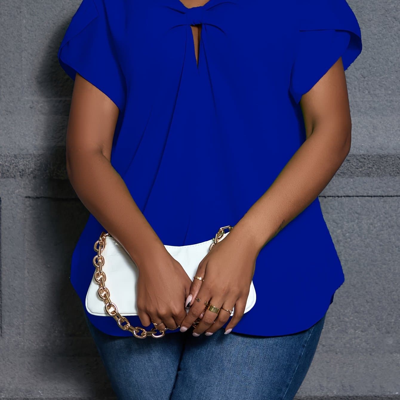 TEMU Plus Size - Plus Size - Bow Tie V-neck Hollow Out Double Layer Short Sleeve Women's Top