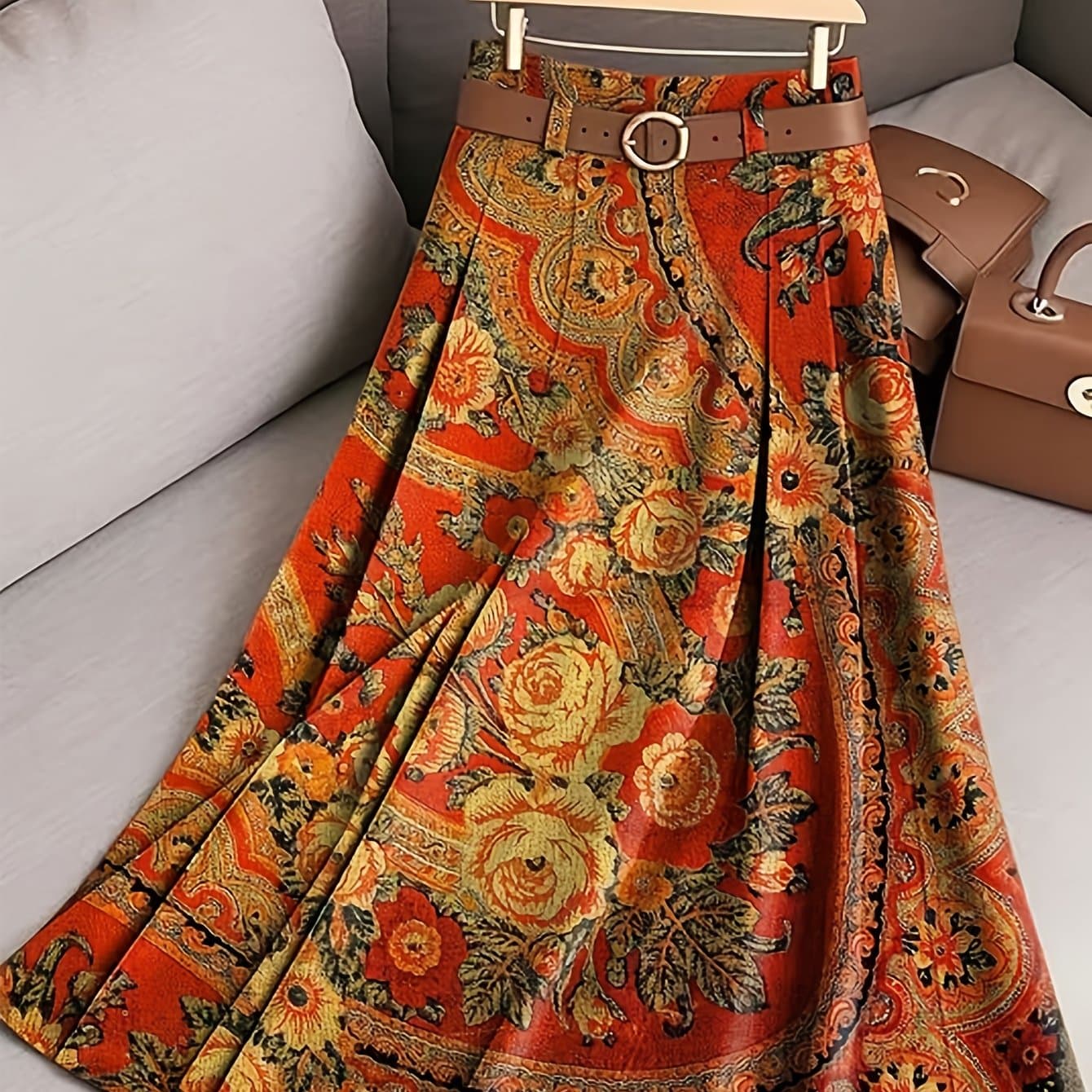 TEMU Women's Bohemian Swing Half-skirt - Large Flowy Skirt With Loose Fit, Boho Flower Print For Fall/winter, Machine Washable Casual Outfit (no Belt) Suitable For Daily Wear, Commuting & Layering