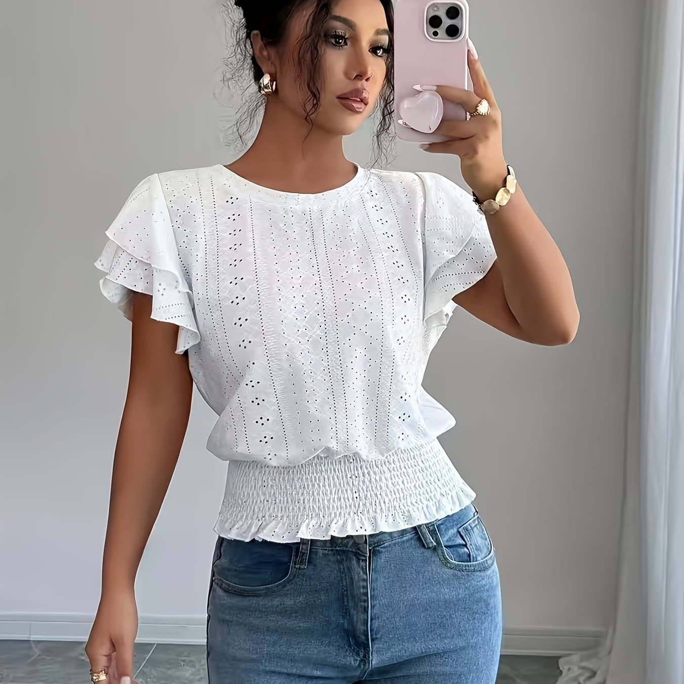 TEMU Women's Casual Ripped Round Neck Solid Color T-shirt, Blouse With Ruffle Sleeves, Lightweight Sheer Semi-transparent Elegant Top Jydx