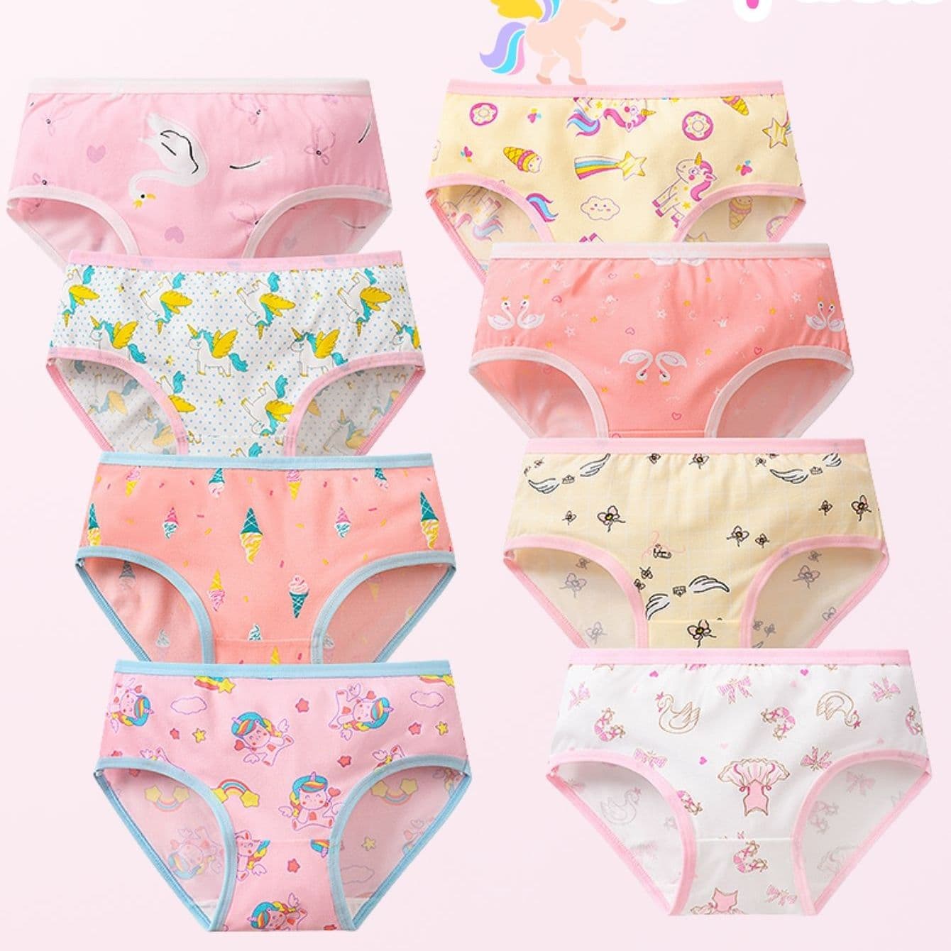TEMU 8pcs Girls Underwears, -dry & Breathable Pink Briefs, & Unicorn Print Shorts (ages 3-12)