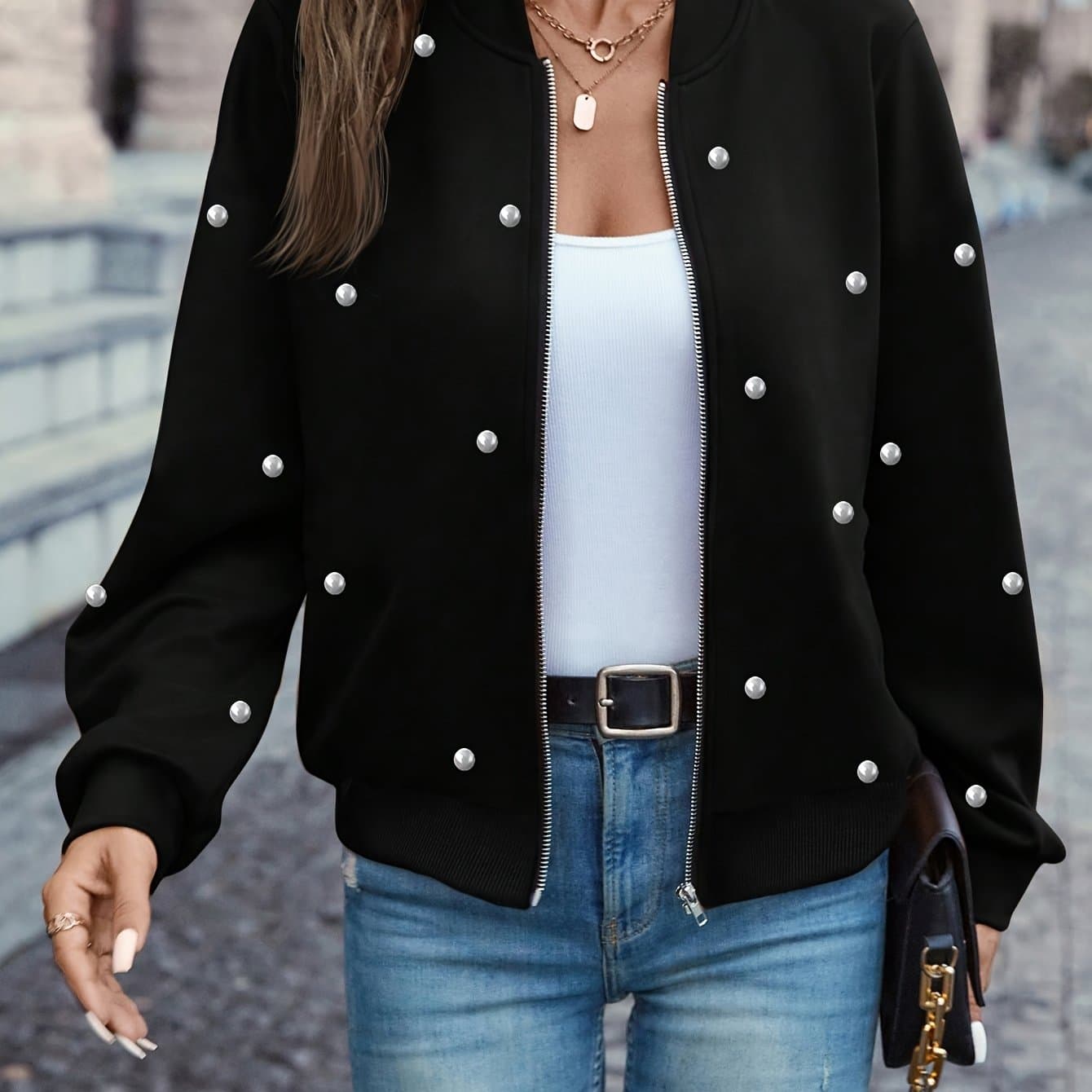 TEMU Women's 2025 Autumn/winter New Casual Jacket Fashion Beaded Baseball Uniform Coat