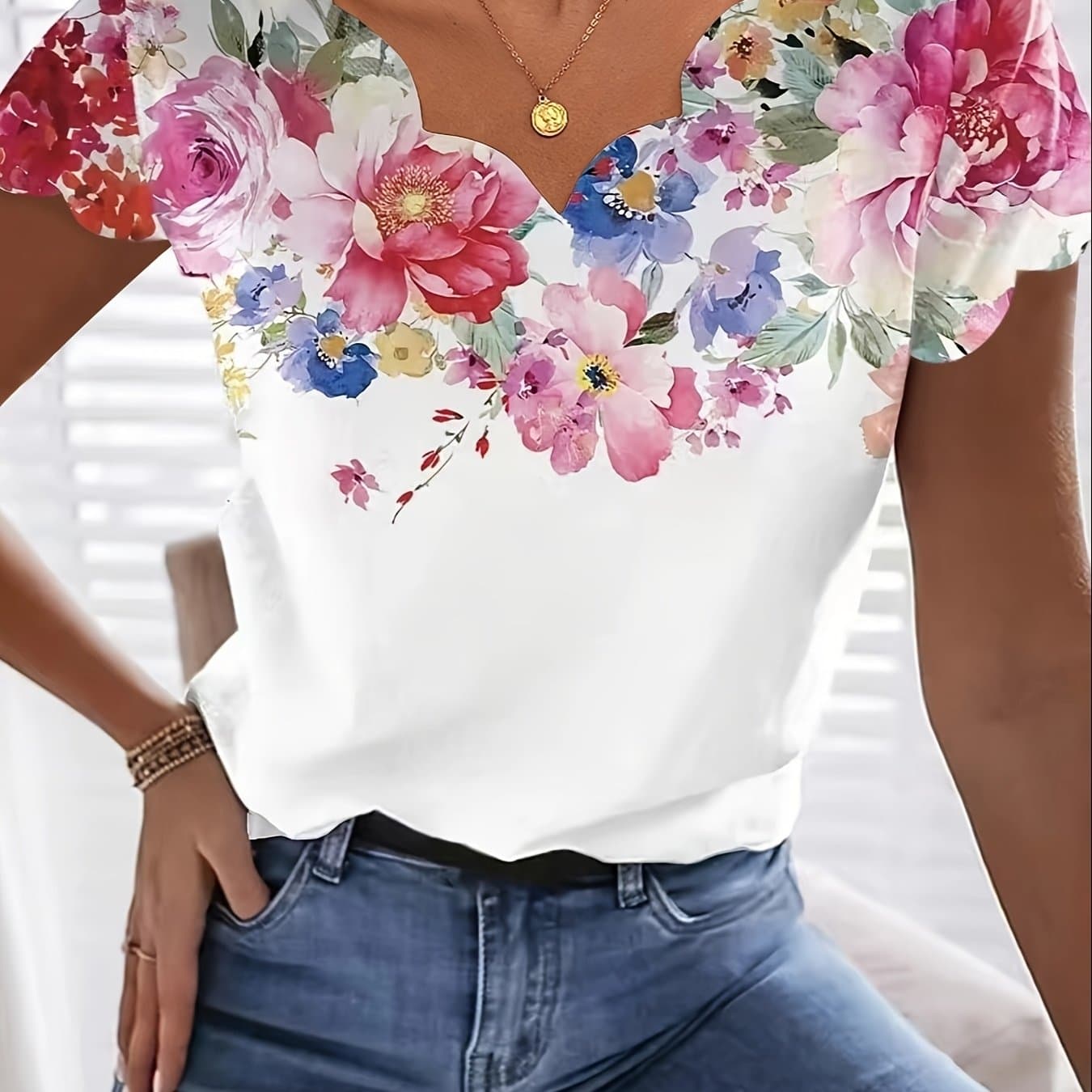 TEMU Summer Fashion New Beautiful Temperament Short Sleeve V-neck Blouse Women's