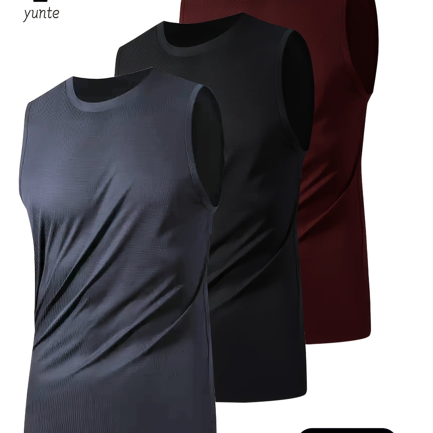 TEMU 3pcs Younte Men's Athletic Sleeveless Tank Tops In Gray, Black, & - Breathable, Quick-dry Polyester Fabric - Lightweight & Loose Fit With Round Neck For Gym Training & Workouts, Gym Clothes