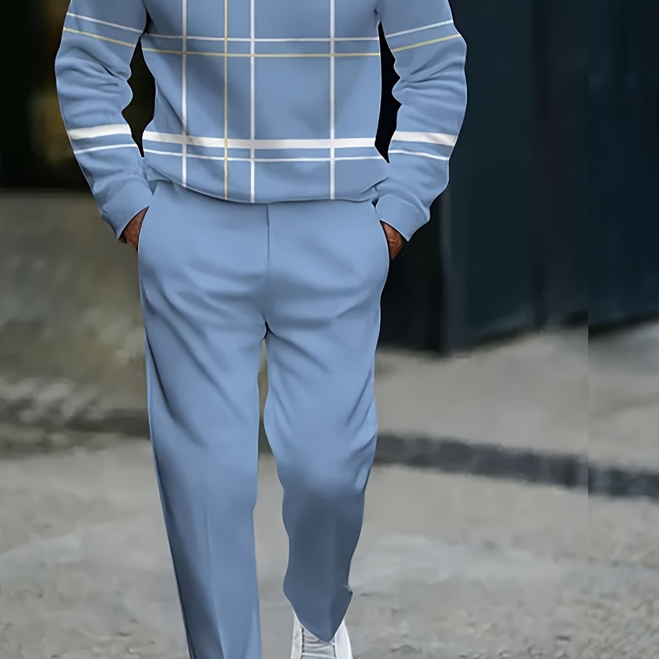 TEMU 2025 ' Blue Loose Long Sleeve Pants Suit, Light Color With White Design Solid Straight Pants, Fresh And Elegant, And Neat Feeling, Suitable For Casual Fashion