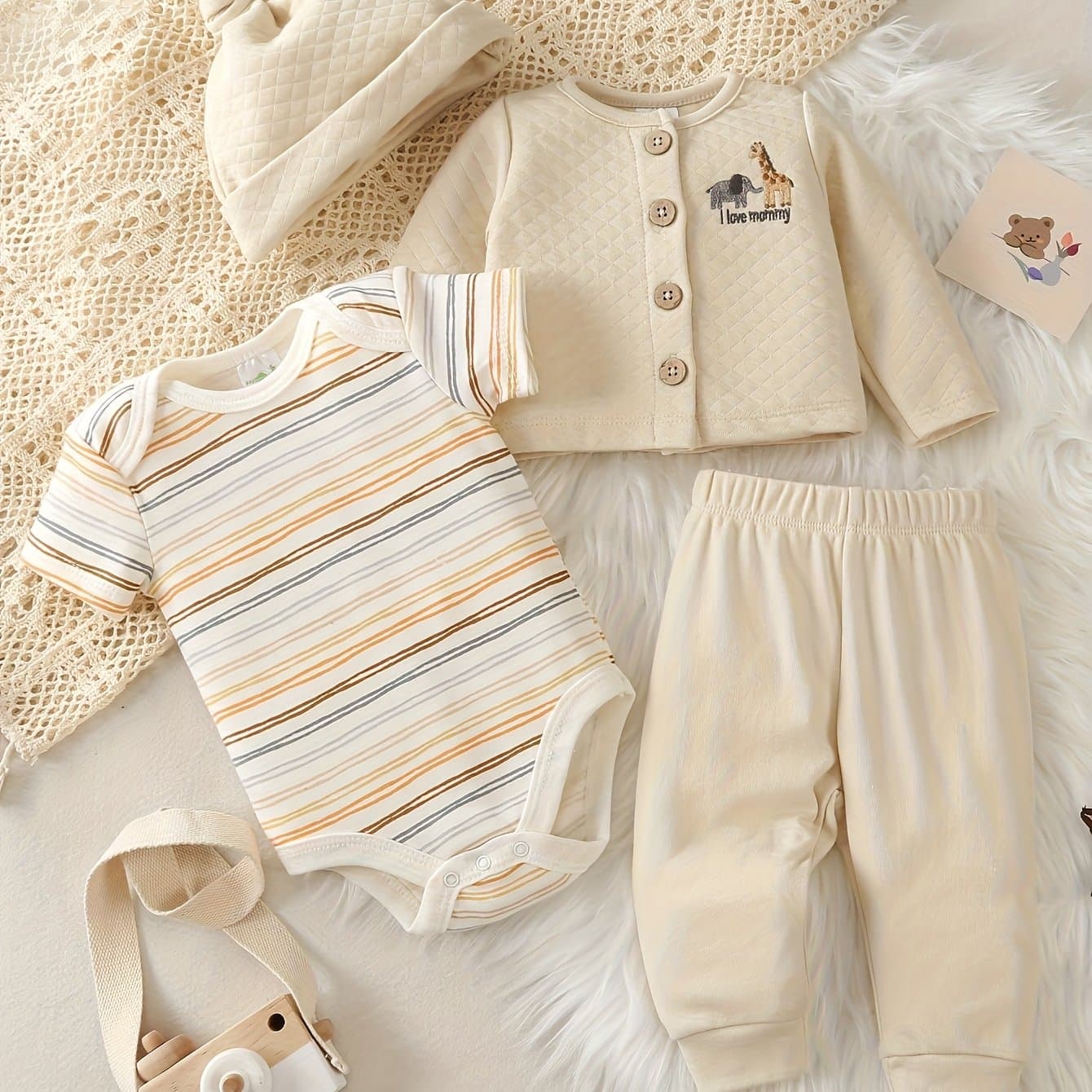 TEMU Baby Autumn And Winter 4pcs Set For Girls: Coat, Long Pants, Triangular Jumpsuit, Hat, Multi-piece Set, Outdoor Suit, Giraffe And Elephant Knitted Clothes, No Belt, Perfect For Outdoor