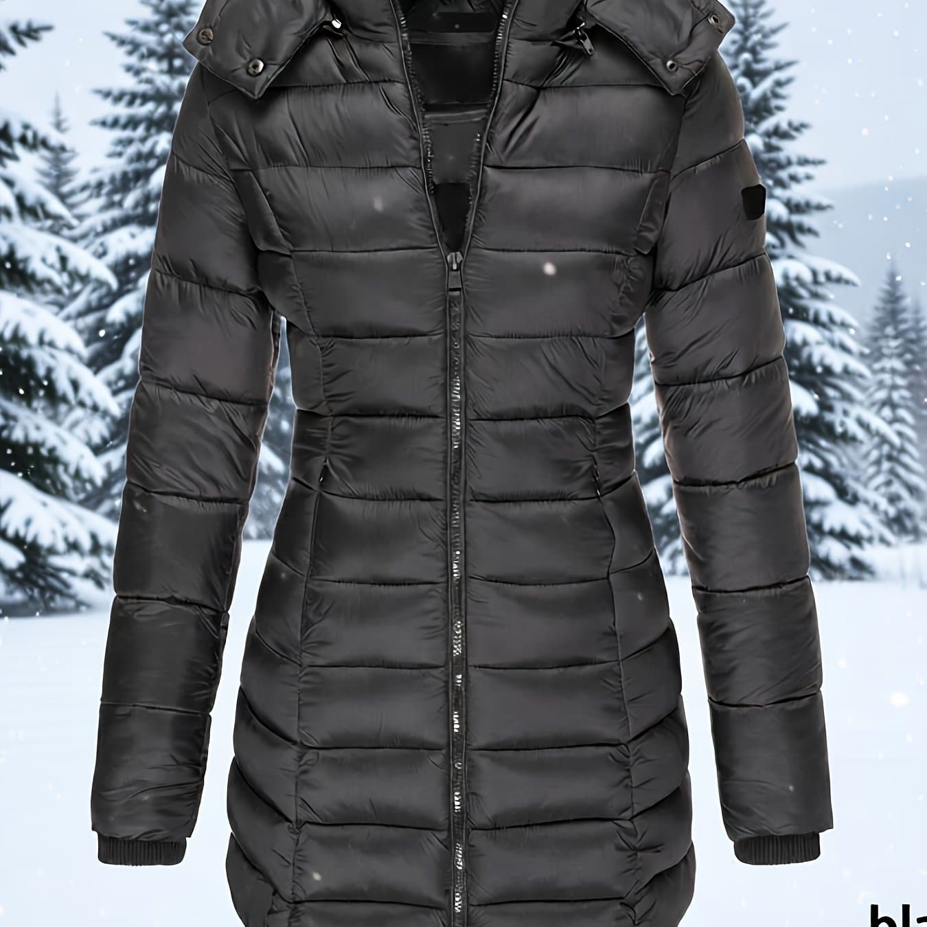 TEMU Popular Plush Hooded Zip-up Midi Coat For Women, Black Winter Outerwear, Women's Winter Jacket