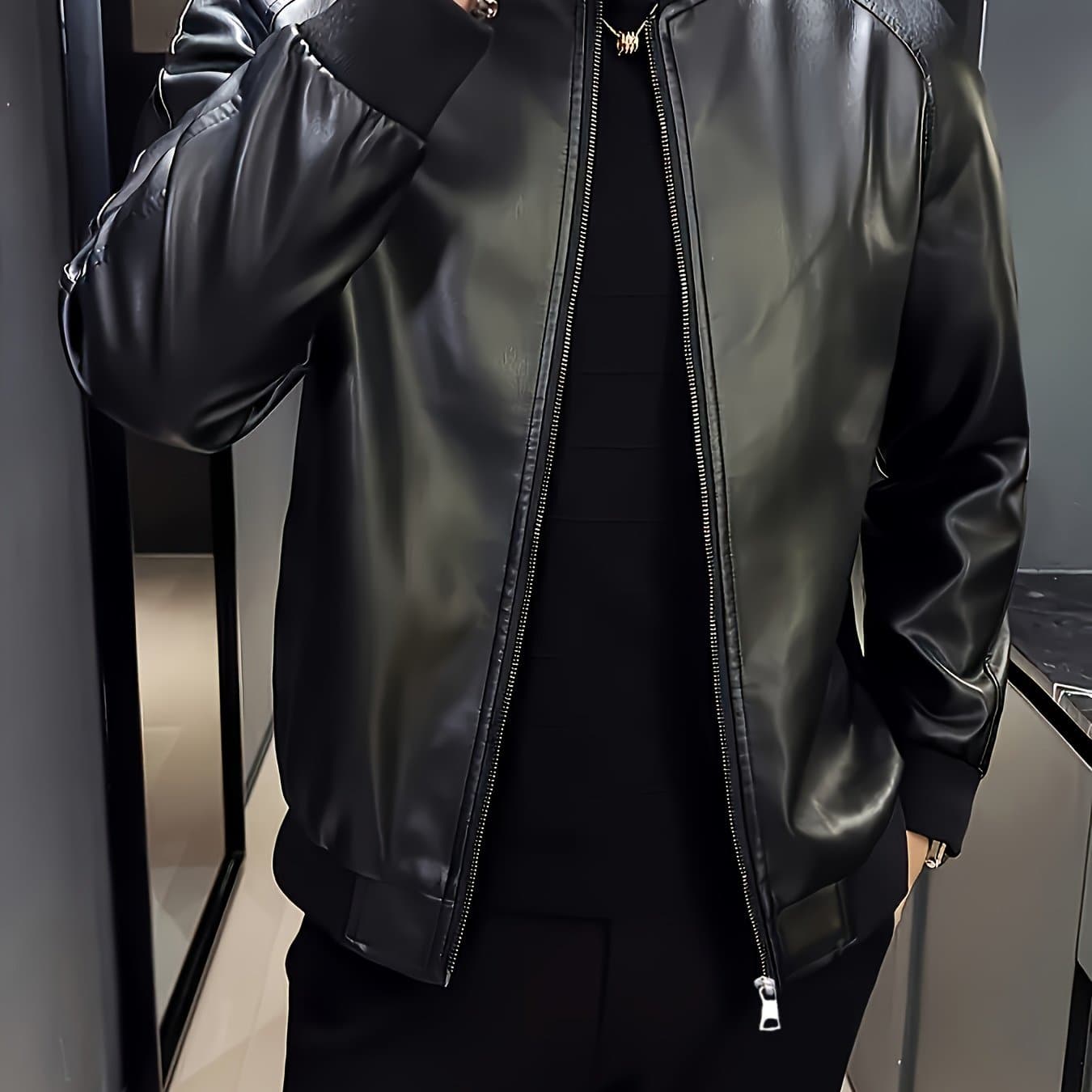 TEMU Men's Fashion Pu Leather Jacket With Front Pockets, Regular Fit, Suitable For Spring/autumn, Urban Casual Outdoor Wear, Spring/autumn Jacket | Modern Casual Jacket | Functional Pockets