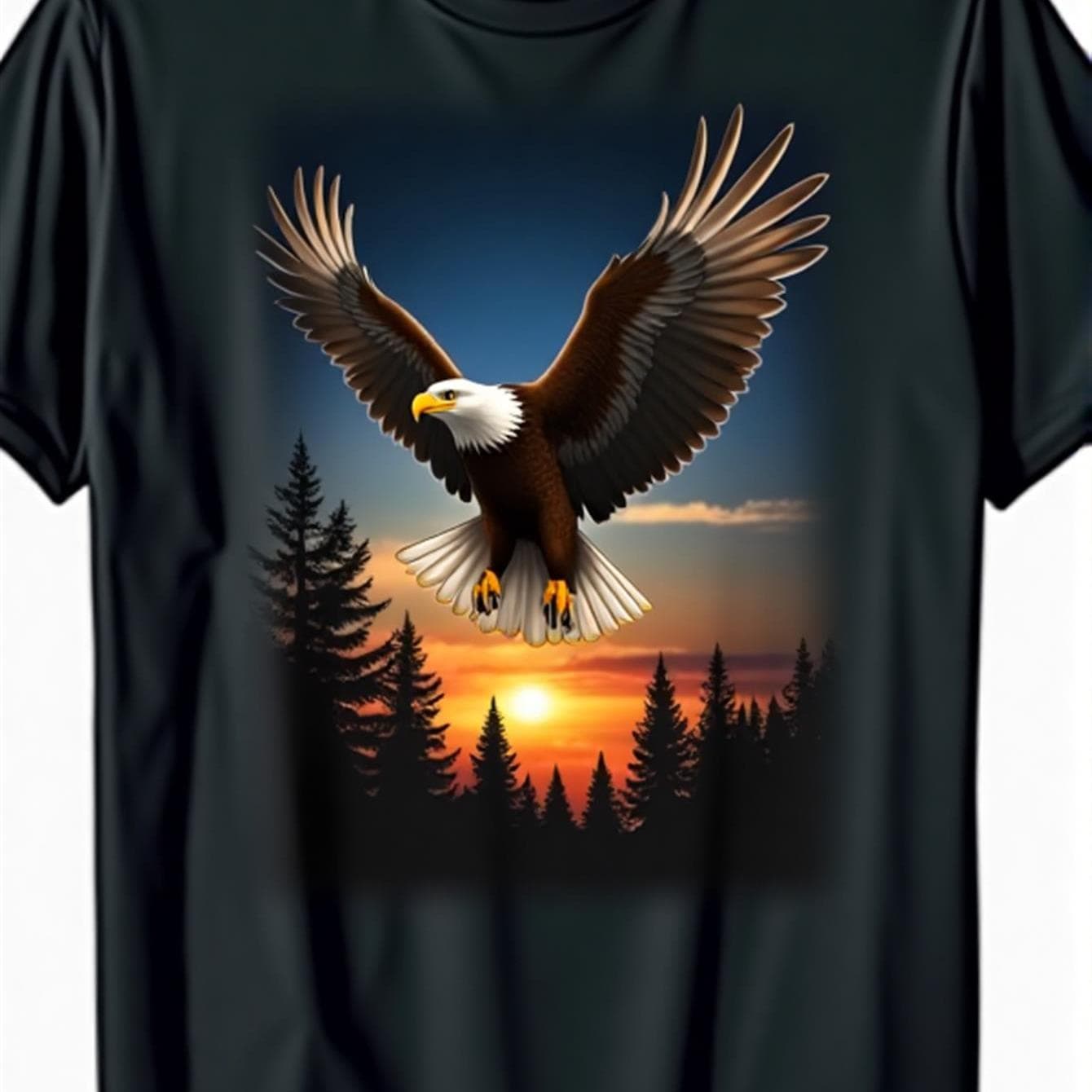 TEMU Men's Eagle Pattern T-shirt - 100%, Crew Neck, Short Sleeves, , Casual Wildlife Design, Vivid Sunset Forest Scene, Adult Regular Summer T-shirt, Eagle , Plus Size