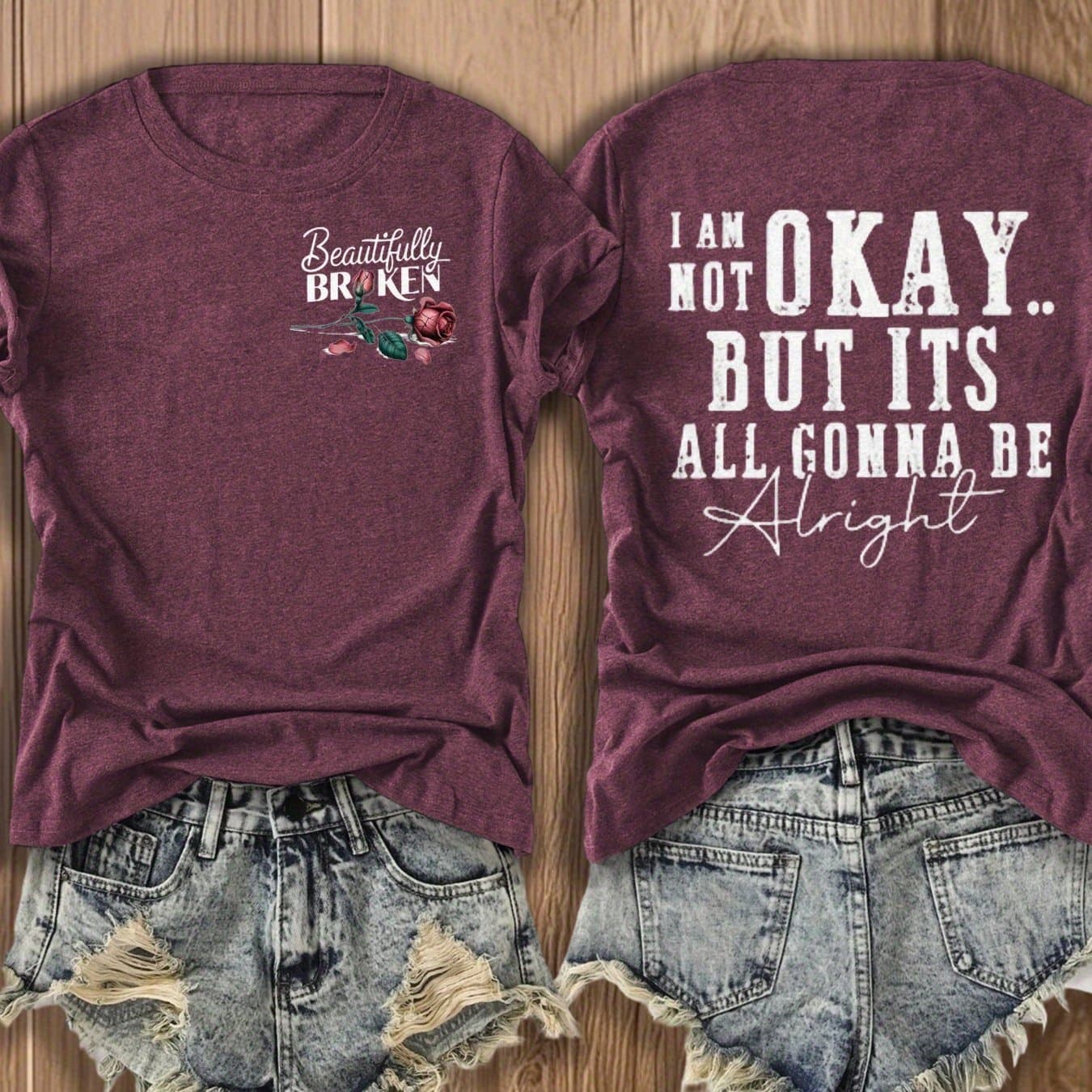 TEMU & Not Okay But - Inspirational Floral Print Blend T-shirt For Women, Perfect For Casual Wear And Gift, Trendy Graphic Tee, Double-sided Print