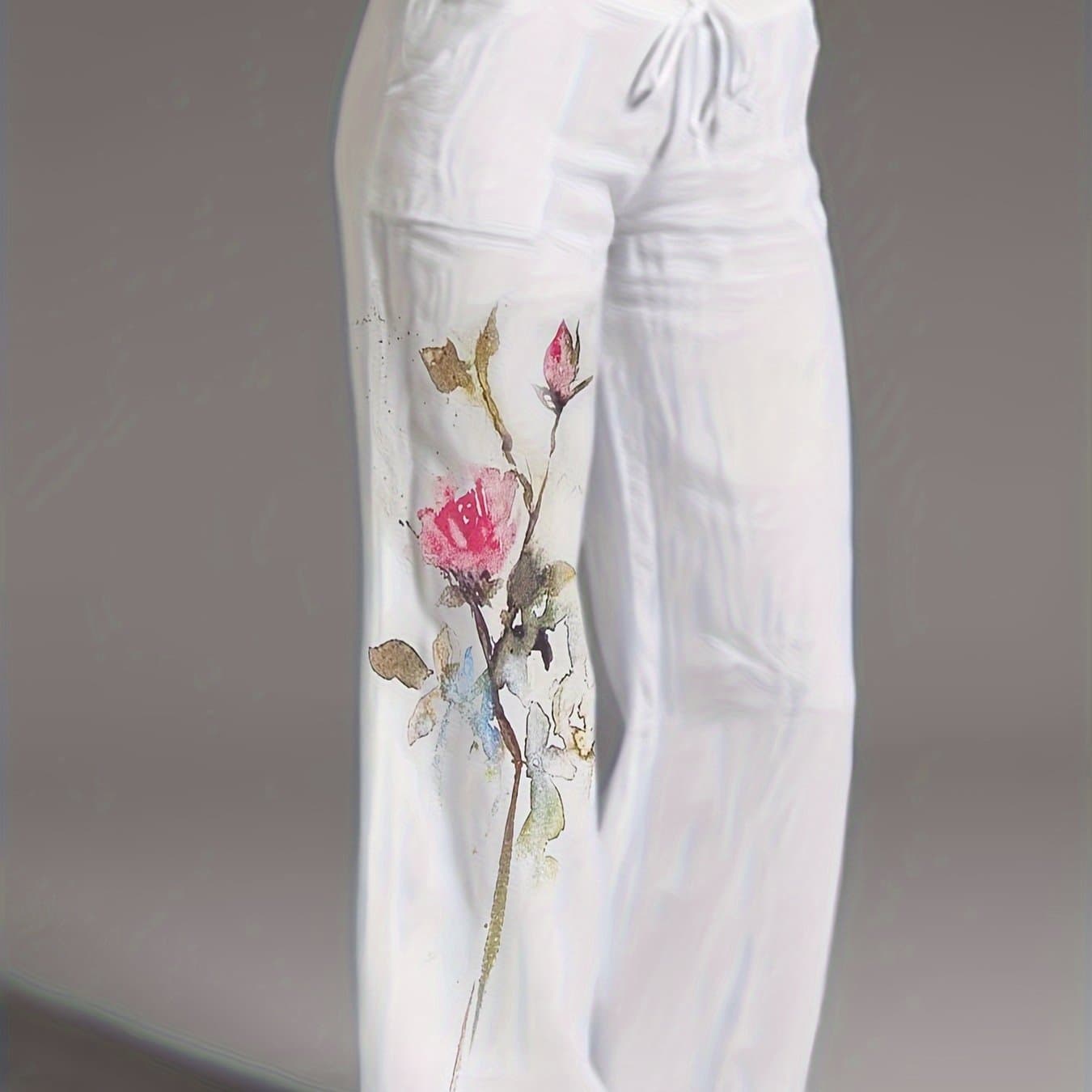 TEMU White Watercolor Rose Print Wide-leg Casual Pants For Women, Spring/summer Lightweight Loose-fit Trousers, Versatile Commuter And Vacation Pants