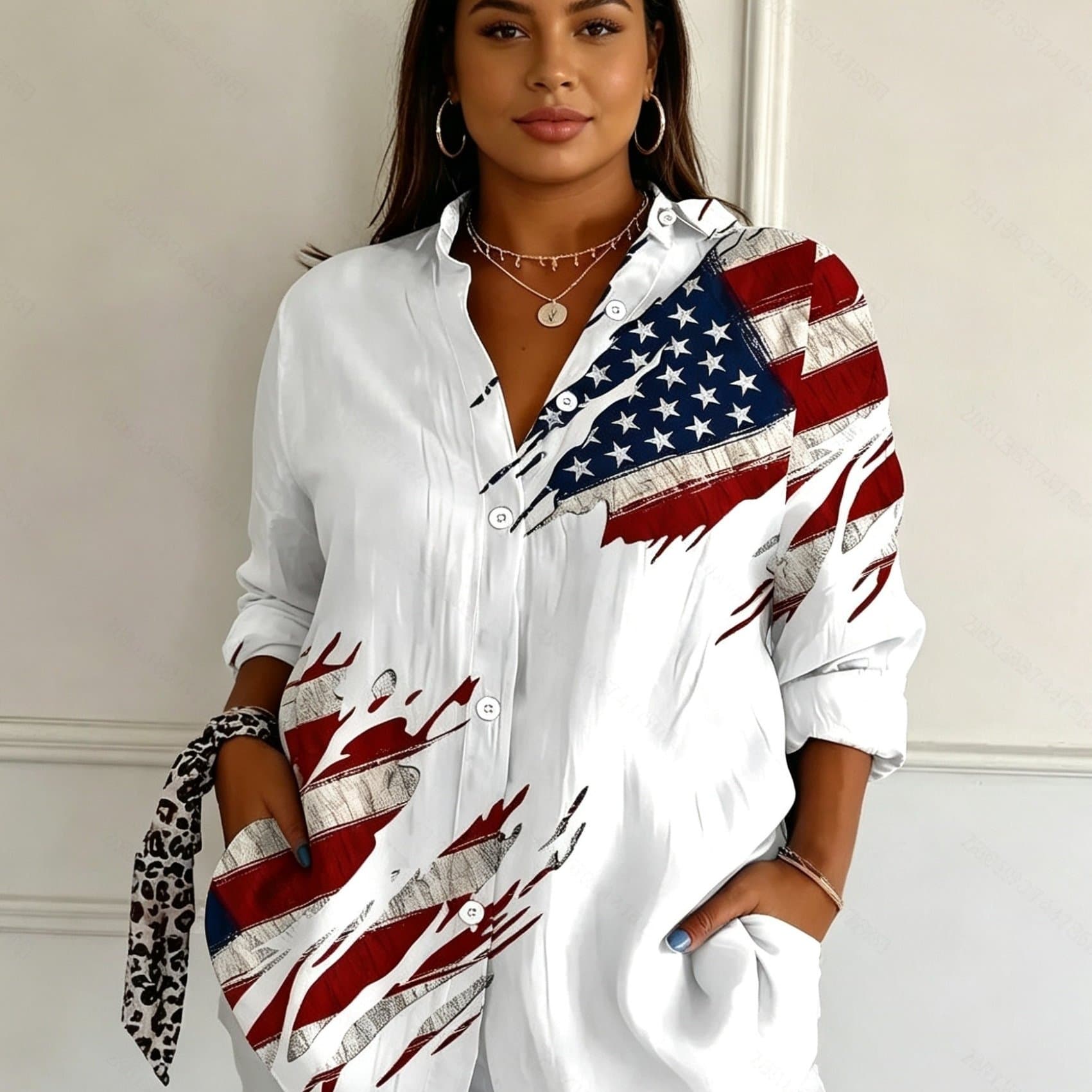 TEMU Plus Size, Women's Plus Size Shirts, Vintage Distressed American Flag Print Long Sleeve Shirts, Loose Casual Button- Blouses, Versatile Tops For Daily &