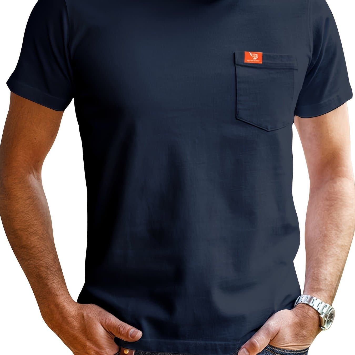 TEMU Men's Casual And Chic Solid Color T-shirt With Crew Neck, Short Sleeve And 1 Breasted Pocket, Perfect Tops For Summer Outdoors Activities