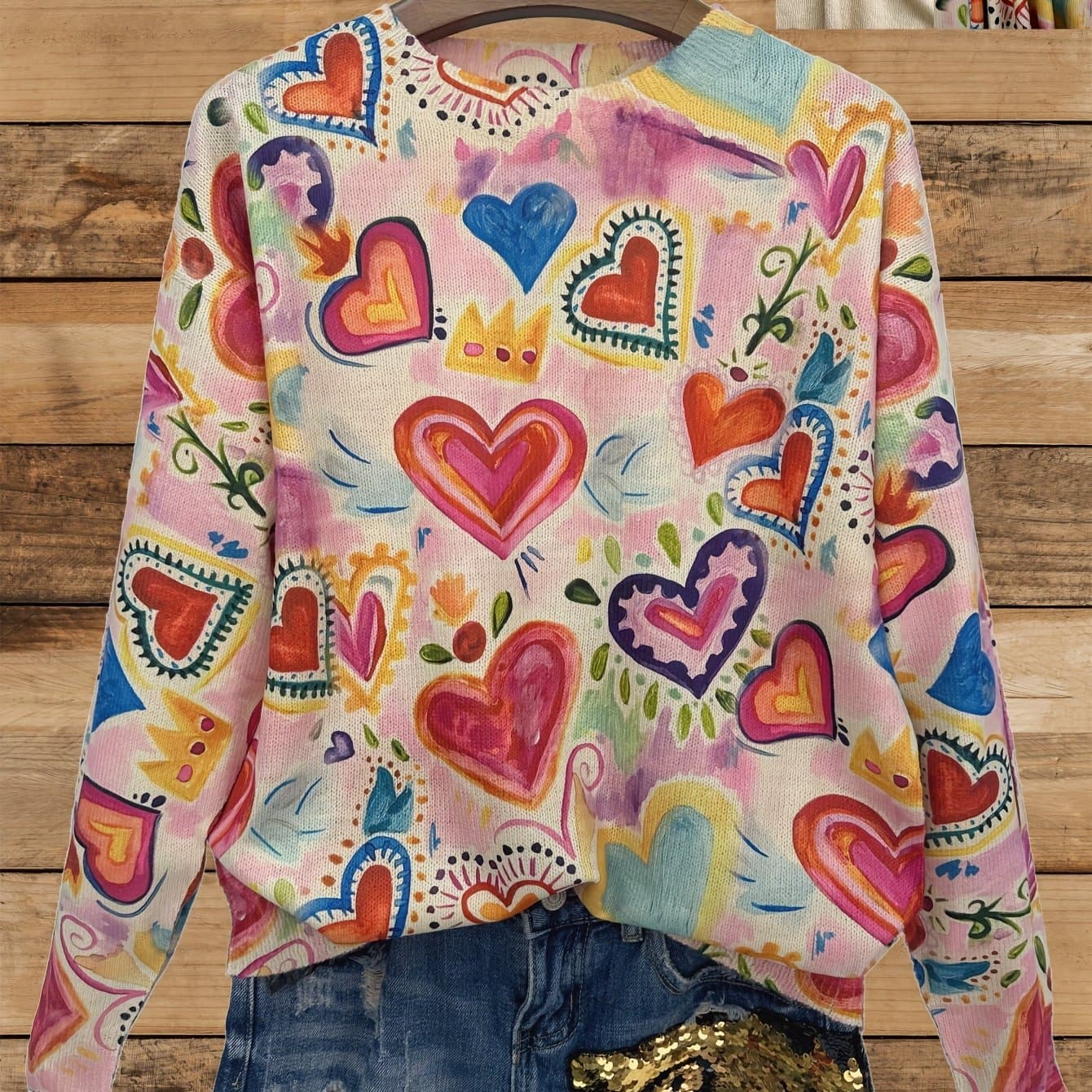 TEMU This Lightweight Sweater Features An Heart Pattern With A Round Neck And Long Sleeves, Perfect For Casual Fashion