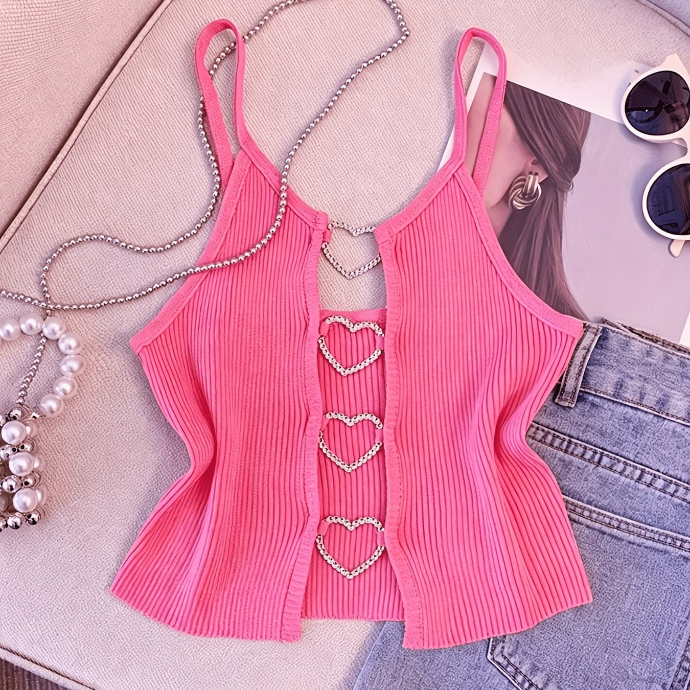 TEMU A Women's Valentine's Day Decorative Camisole, A Sexy Solid-color Ribbed Short Camisole, Sleeveless Top, A Must-have For Spring And Summer Outerwear And Layering
