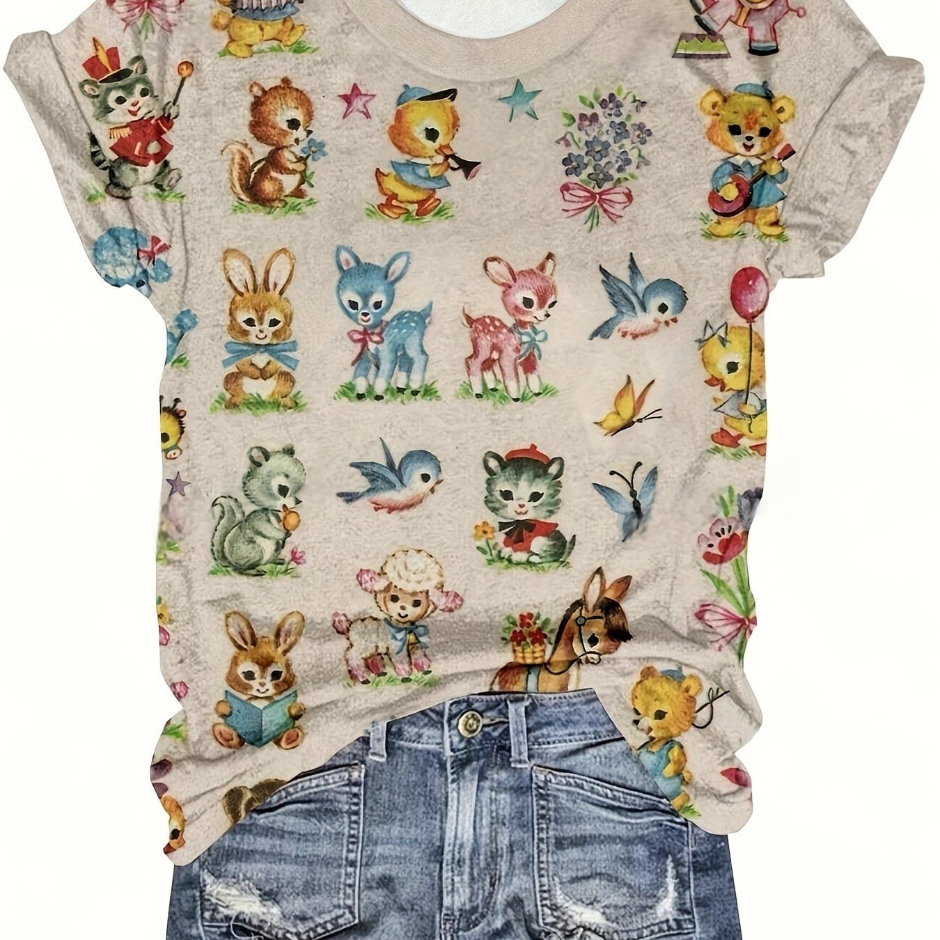 TEMU Cute Animal Pattern Women's Round Neck Short Sleeve T-shirt Top