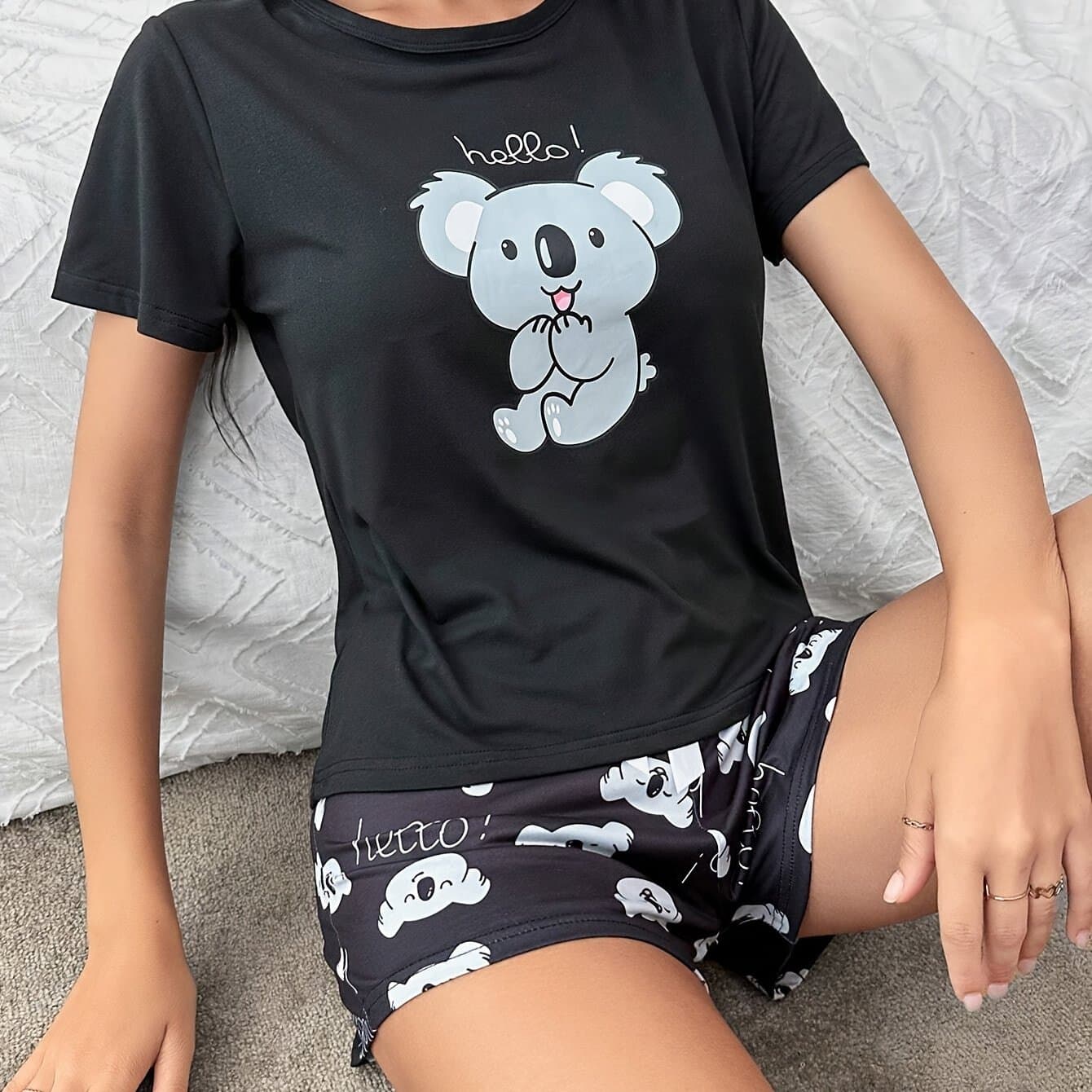 TEMU Women's Cartoon Koala Pattern Printed Short Sleeved Top And Bow Shorts Pajama Set