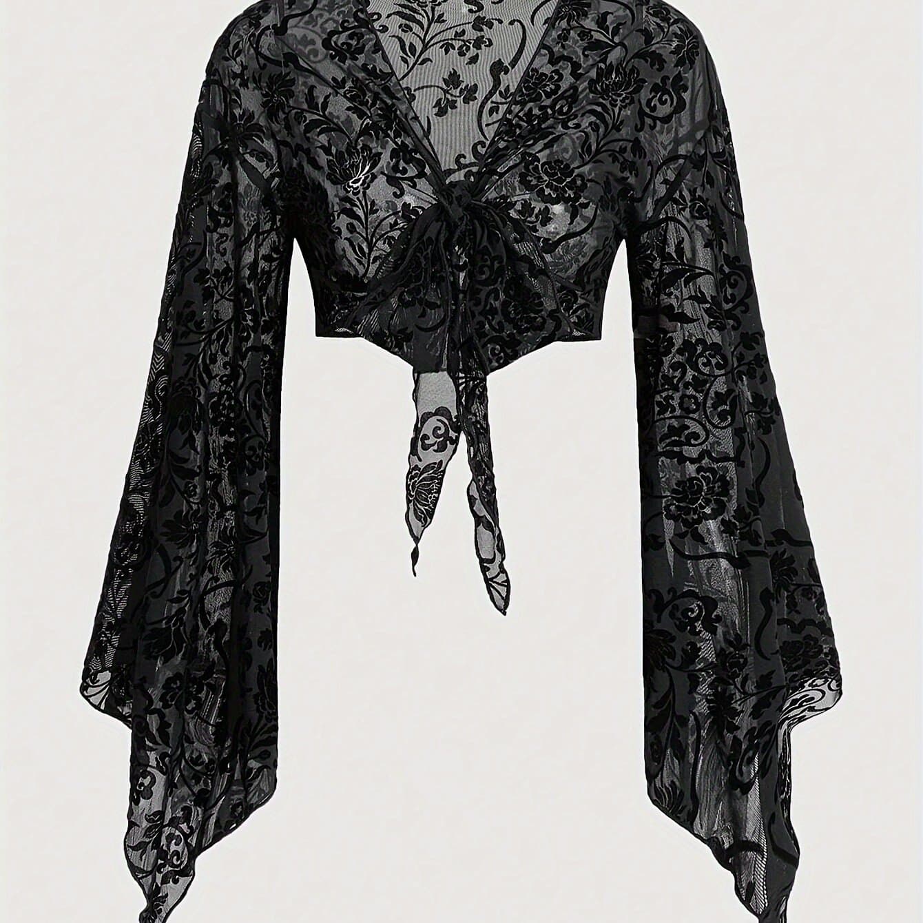 TEMU Elegant Lace-up V-neck Cardigan For Women - Floral Flocked Sheer Mesh, Polyester Blend (95% Polyester, 5% Elastane), Long Sleeve, Short Length Knit Fabric - All Season Stylish Top