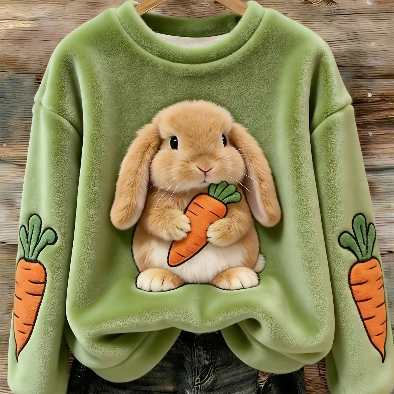 TEMU Printed Design Not Textured Women's Casual And Cute Long-sleeved Crewneck Sweatshirt With A Novelty Rabbit Holding A Carrot Print