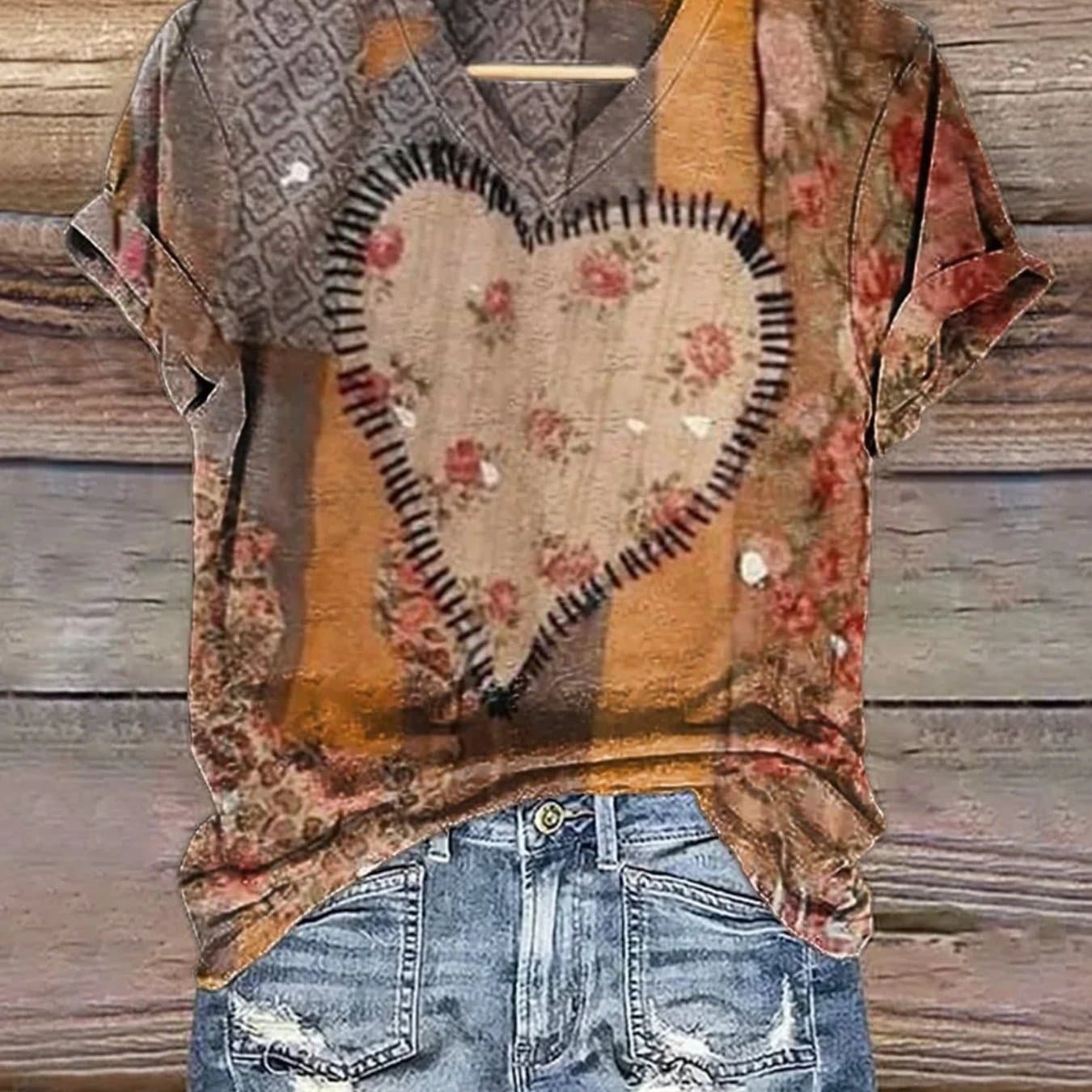 TEMU Vintage Hippie Full-body T-shirt - V-neck Summer Top With Medium-stretch Fabric | Machine-washable Elegant Casual Wear For Festivals & Everyday ( Suitable For Hippie 60 70 Style)