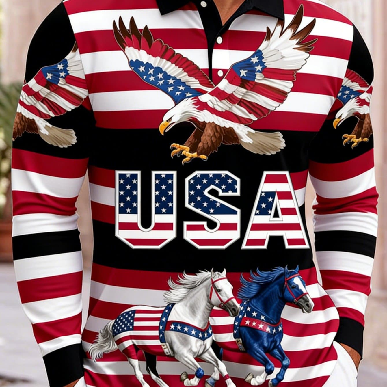 TEMU Men's 3d Long-sleeve Shirt | Red, White, And Black Color Blocking With , Bald Eagle, And Horse - Usa Patriotic Style | Suitable For All , Casual Everyday Wear, Trendy Men's Clothing