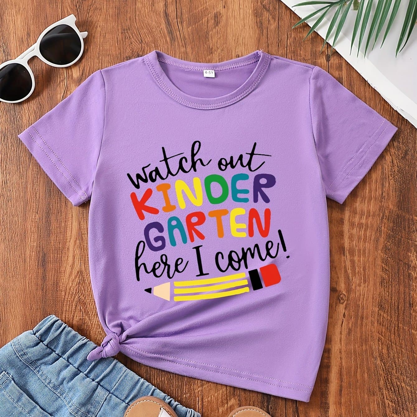 TEMU Girls' Summer Short-sleeved "cartoon Pencil" Print T-shirt Back-to-
