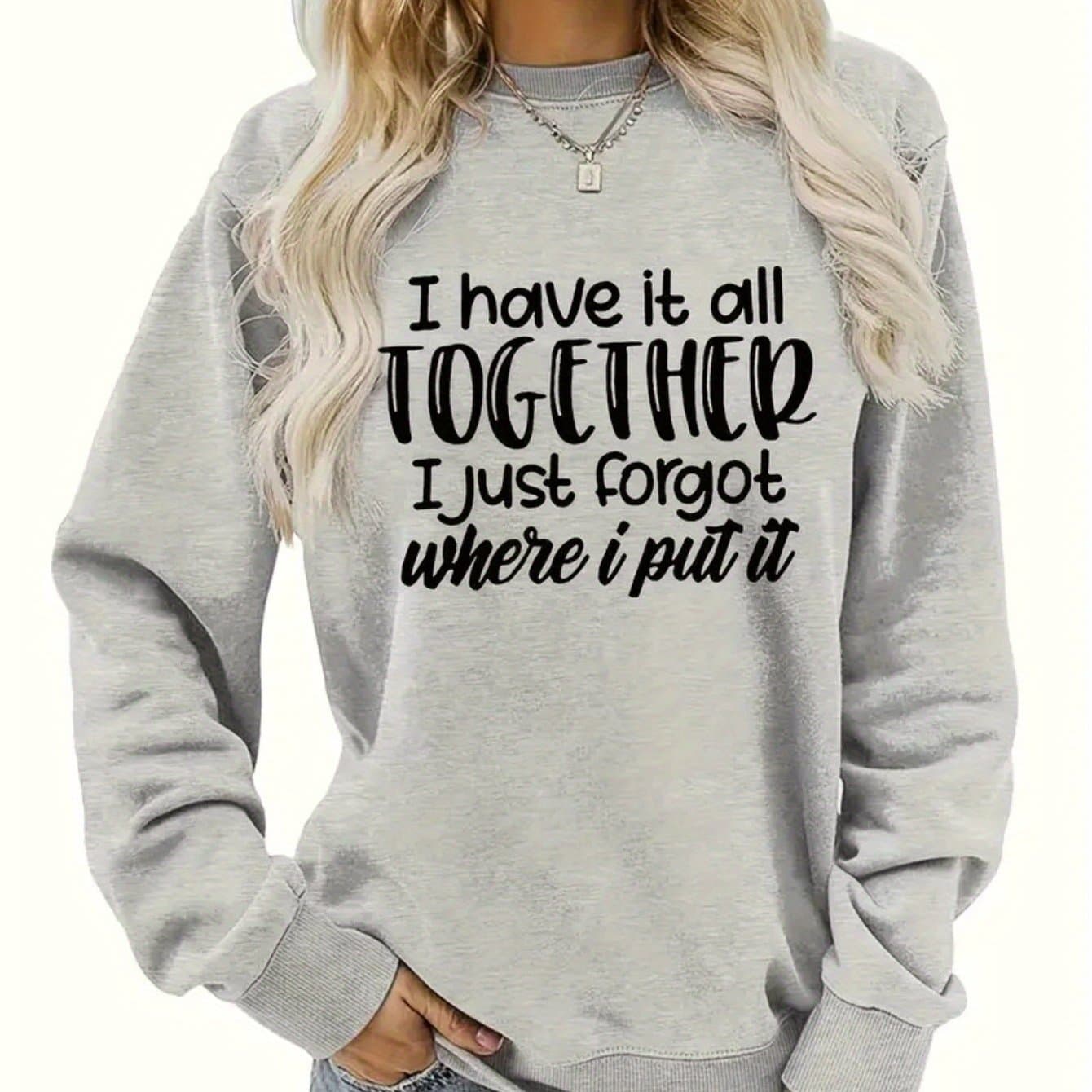 TEMU Women's Funny Quote Sweater - "i ... Forgot Where I Put It" Light Gray Pullover - Soft Long Sleeve Crewneck Sweater For Women - Machine Washable Fall/winter Everyday Outfits