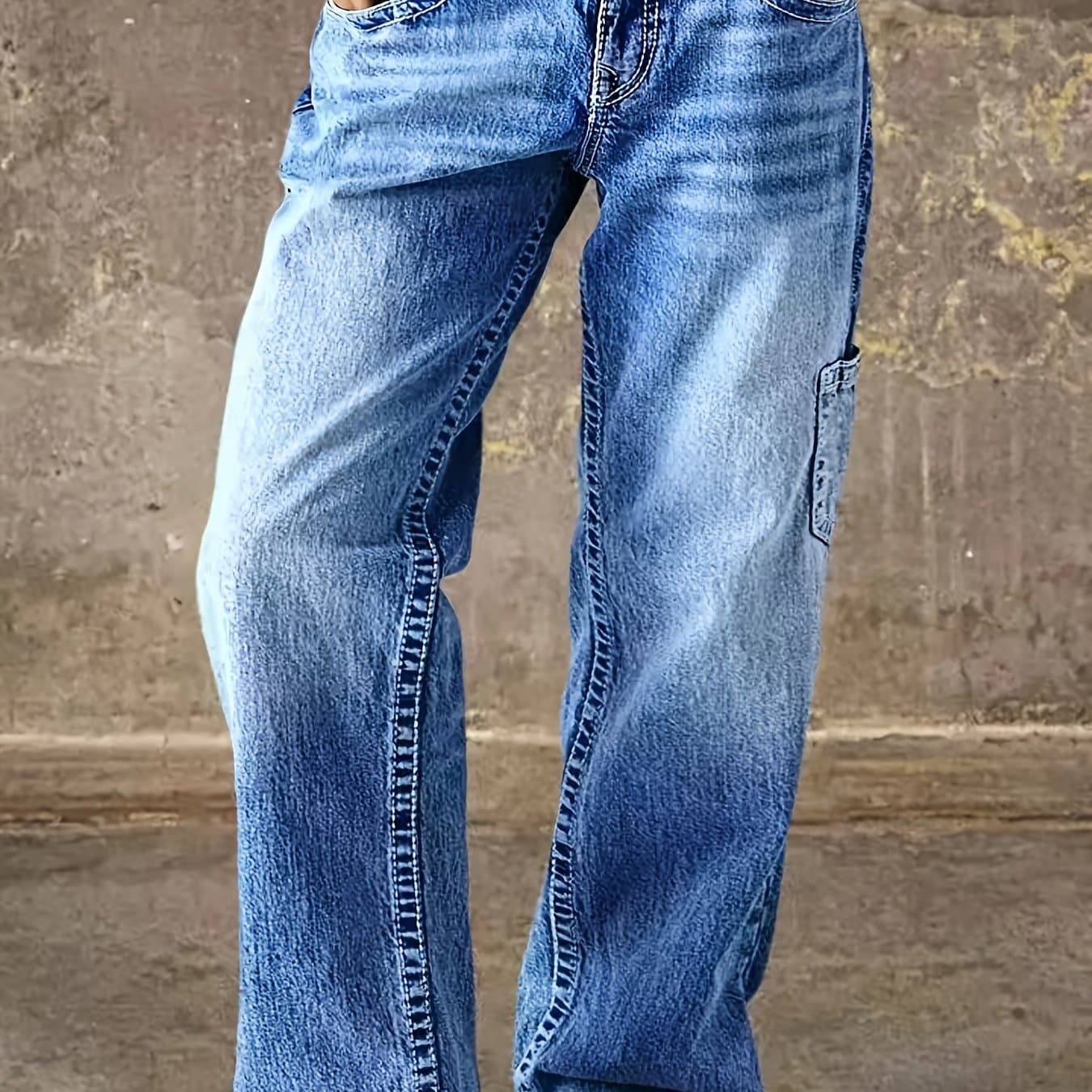 TEMU Women's Washed Straight- Stretch Jeans - Detailing, Comfortable Working Pants With Washed Look, Machine-washable Solid Color For Casual & Professional Wear ()
